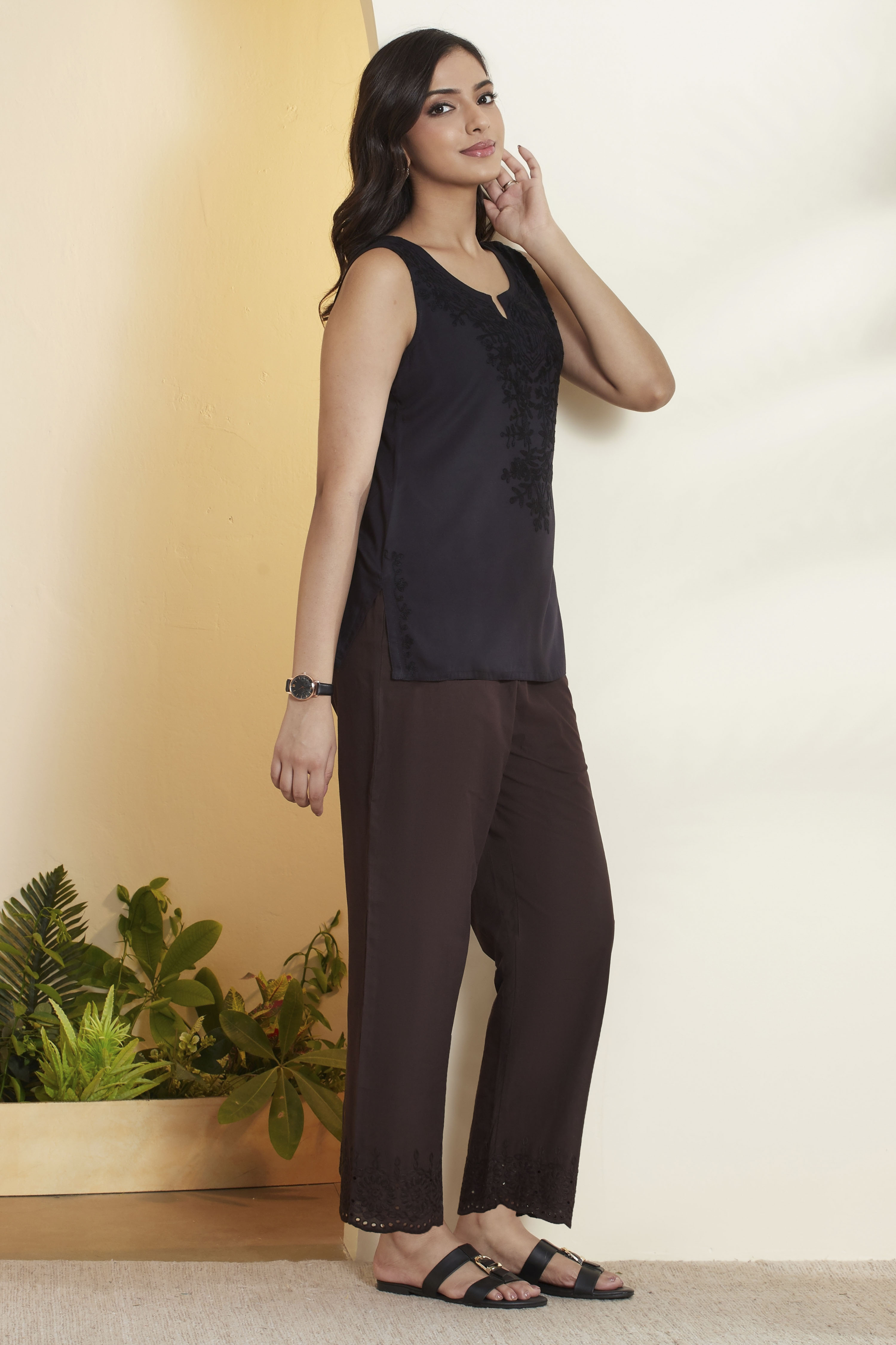 Chocolate Cotton Straight Palazzos image number 6