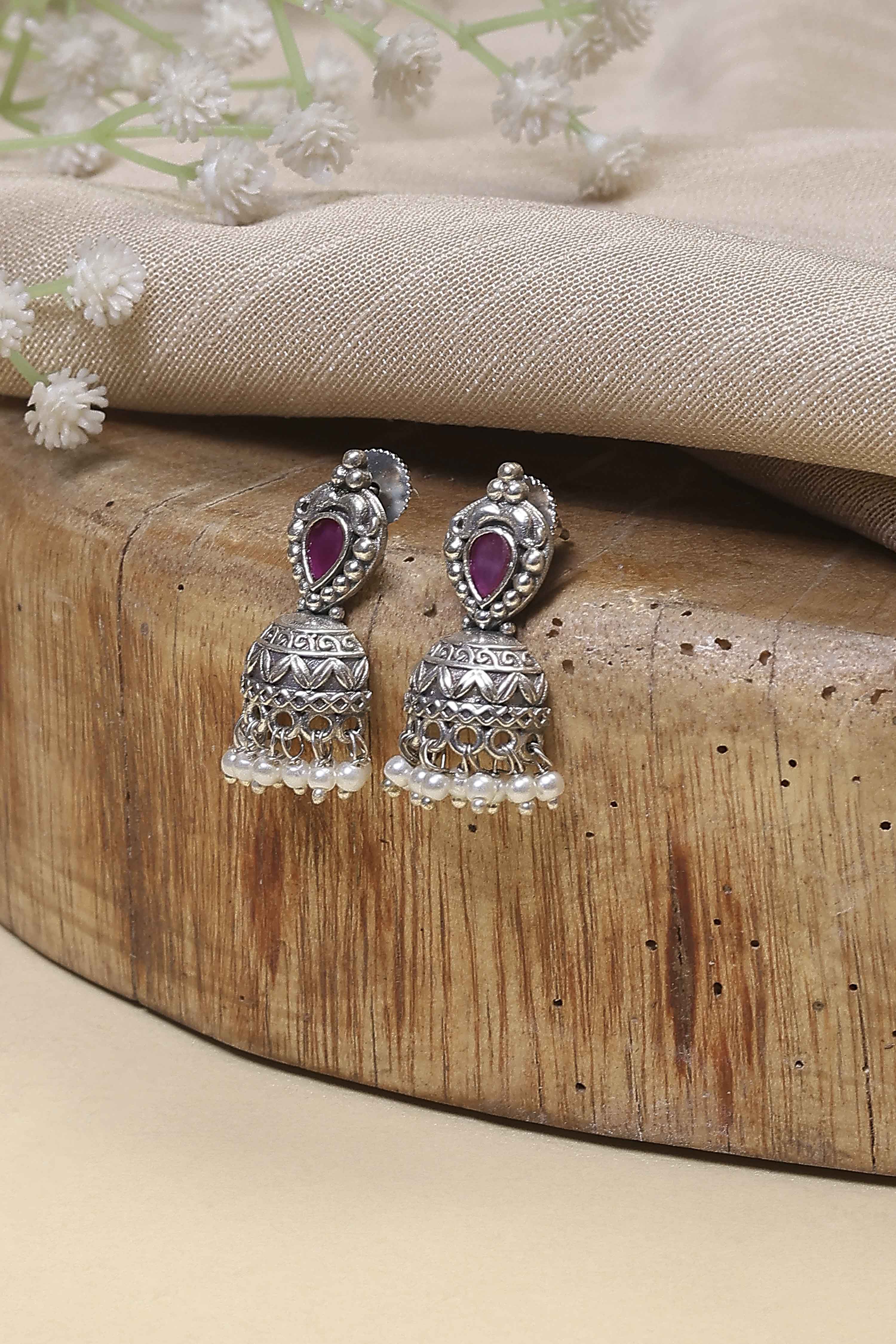 Dark Pink Stone Embellished Earrings image number 0