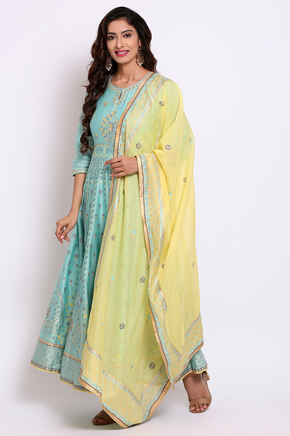 Sky Blue Cotton Silk Anarkali Kurta Churidar Suit Set image number 3