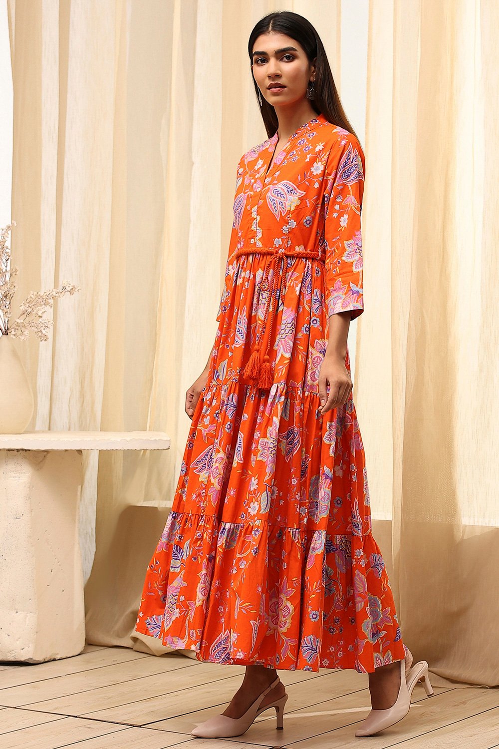 Earthy Blue Cotton Floral Tiered Dress image number 2