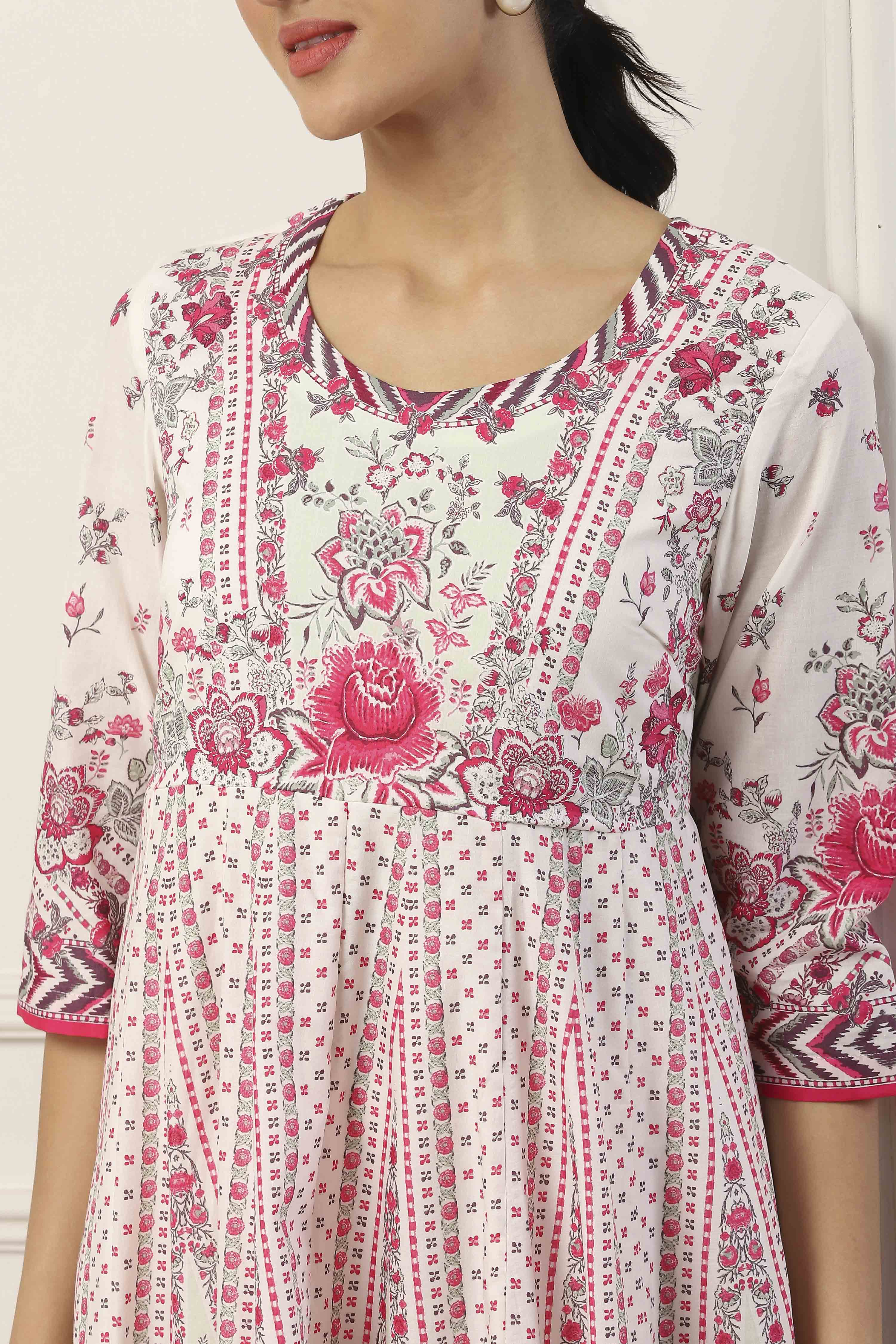 White Cotton Floral Printed Kalidar Suit Set image number 1