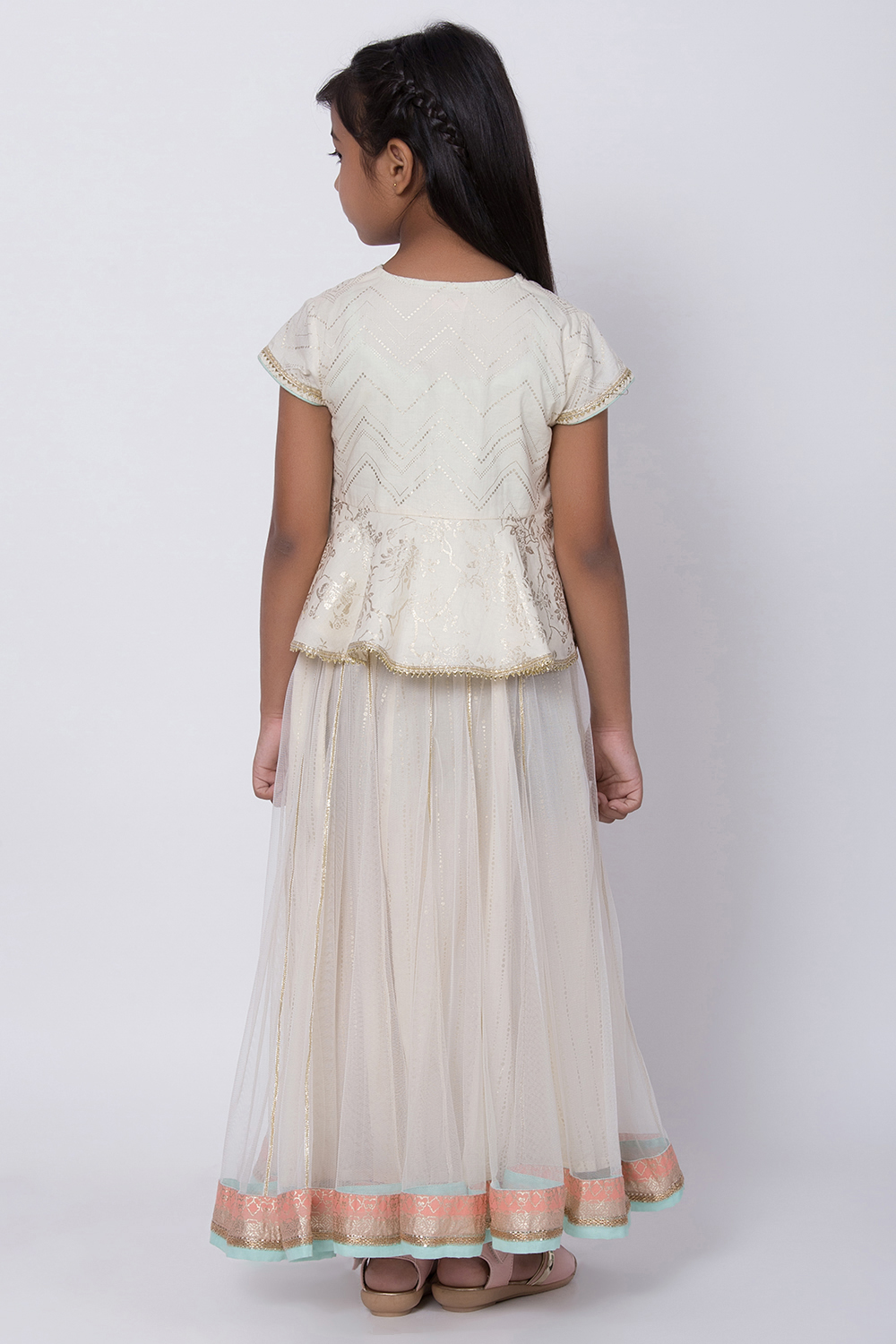 Off White Metallic Print Lehenga Set image number 4