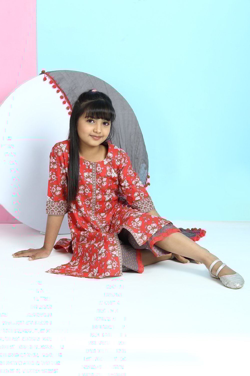 Red Cotton A-Line Straight Kurta Palazzo Suit Set image number 4