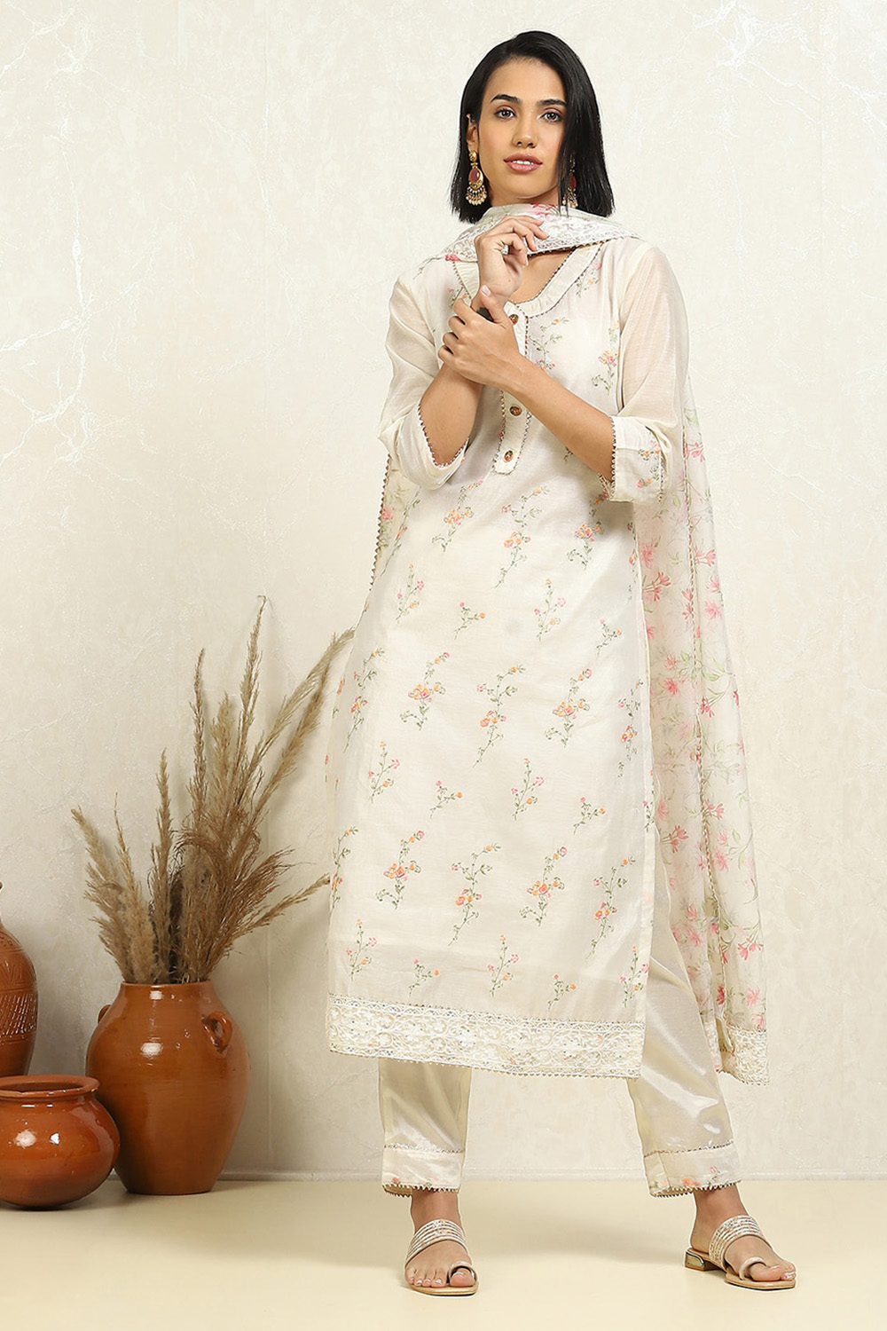 Off-white Chanderi Floral Embroidered Unstitched Suit Set image number 7