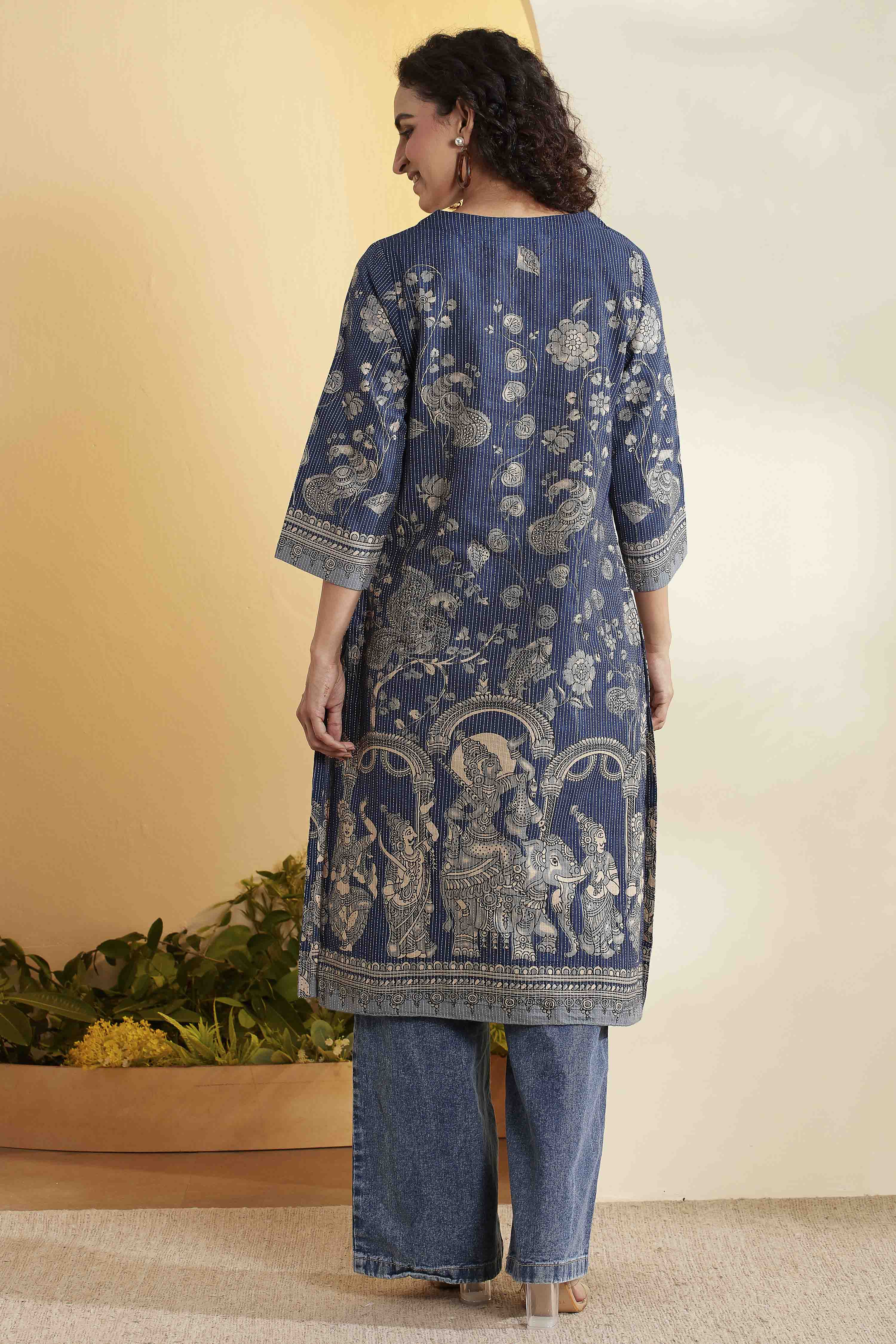 Navy Cotton Straight Kurta image number 4