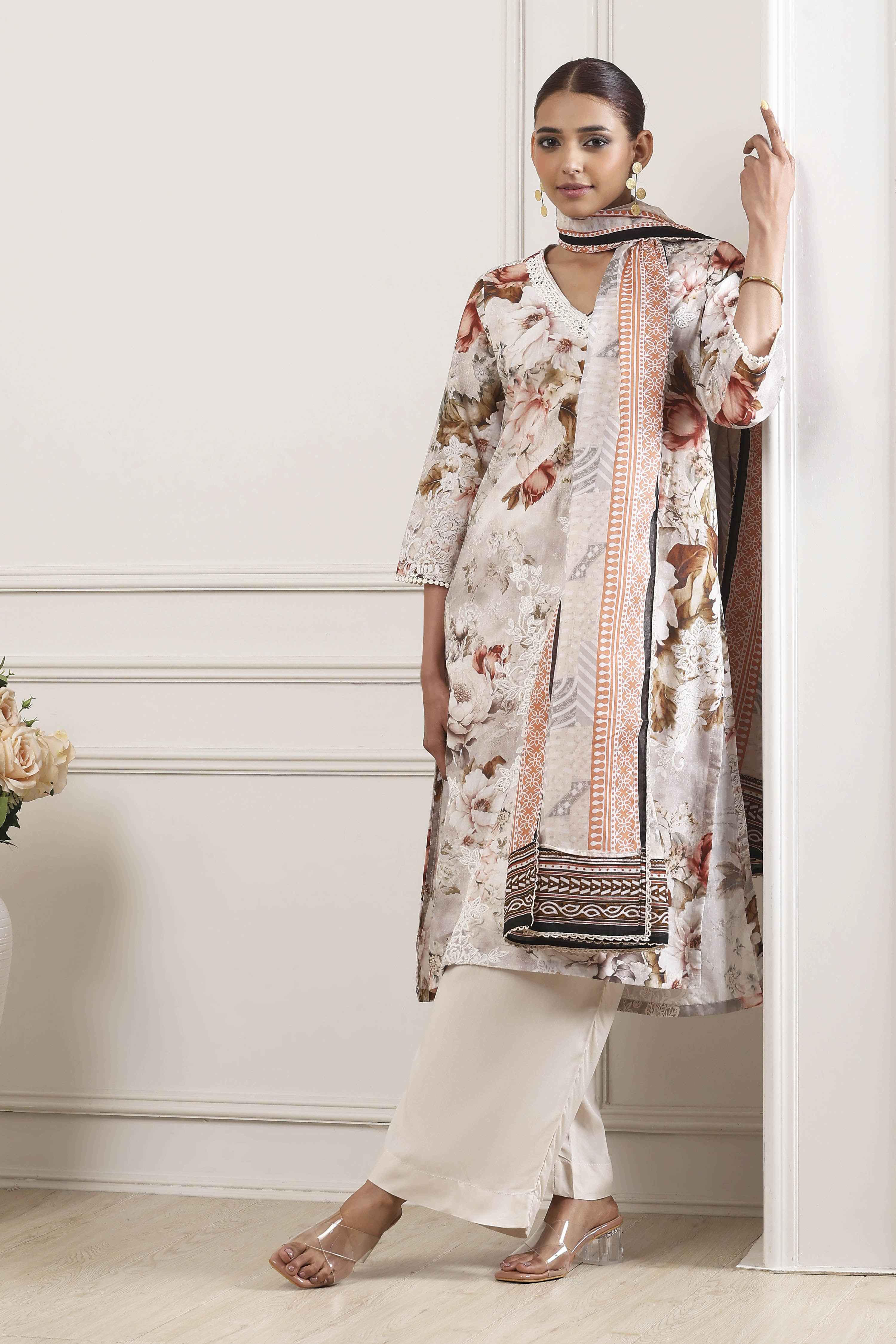 Beige Cotton Floral Printed Straight Suit Set image number 0