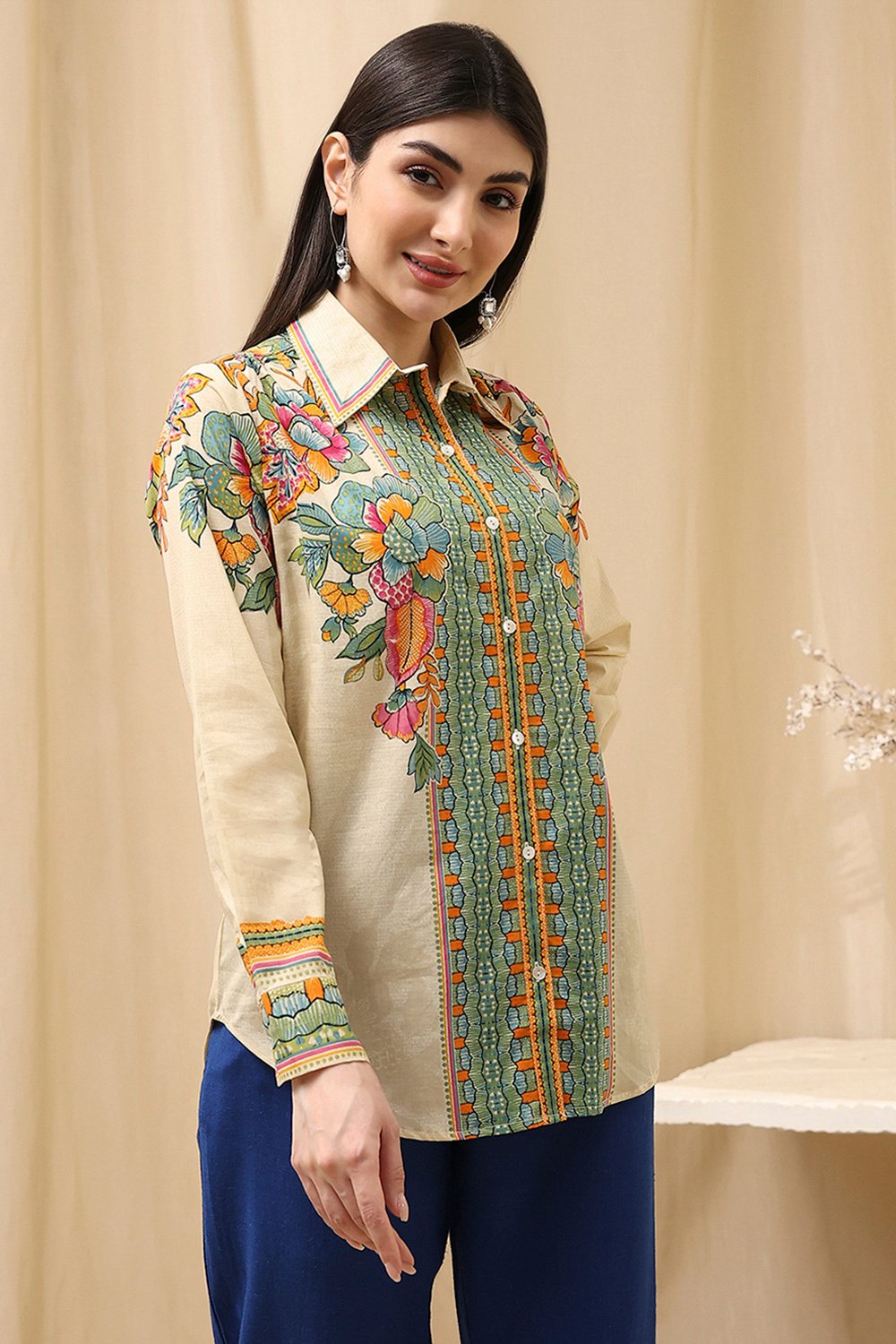Beige Cotton Floral Printed Shirt image number 2