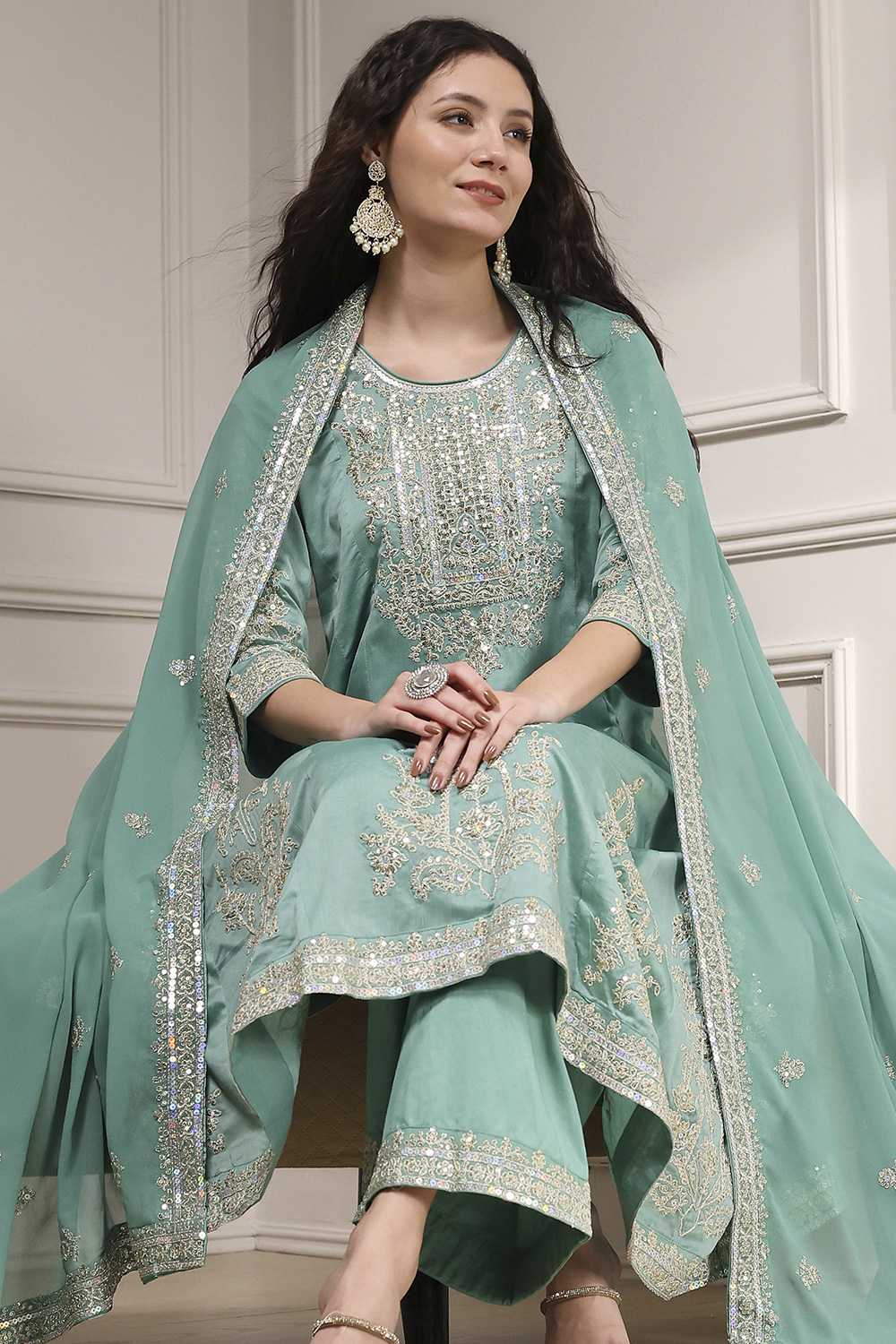Off White Cotton Silk Anarkali Suit Set image number 0