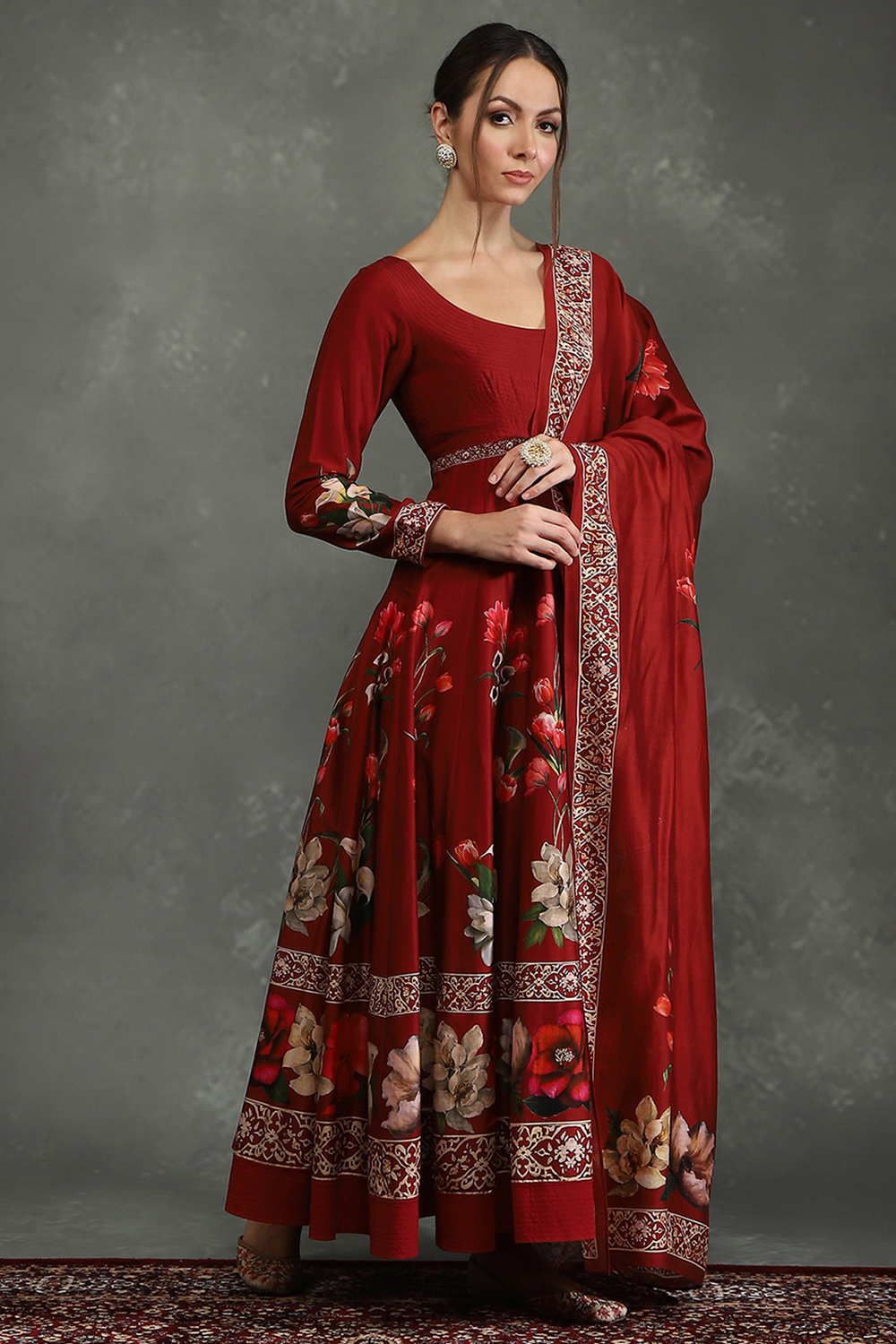 Rohit Bal Maroon Silk Chanderi Floral Anarkali Suit Set image number 4