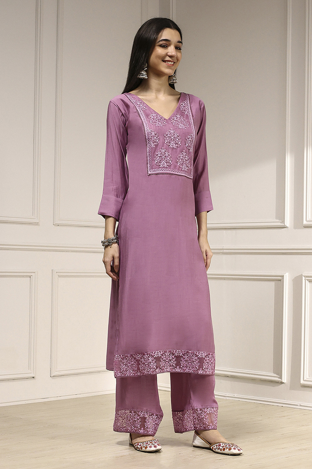 Purple Chanderi Blend Machine Embroidered Unstitched Suit Set image number 6