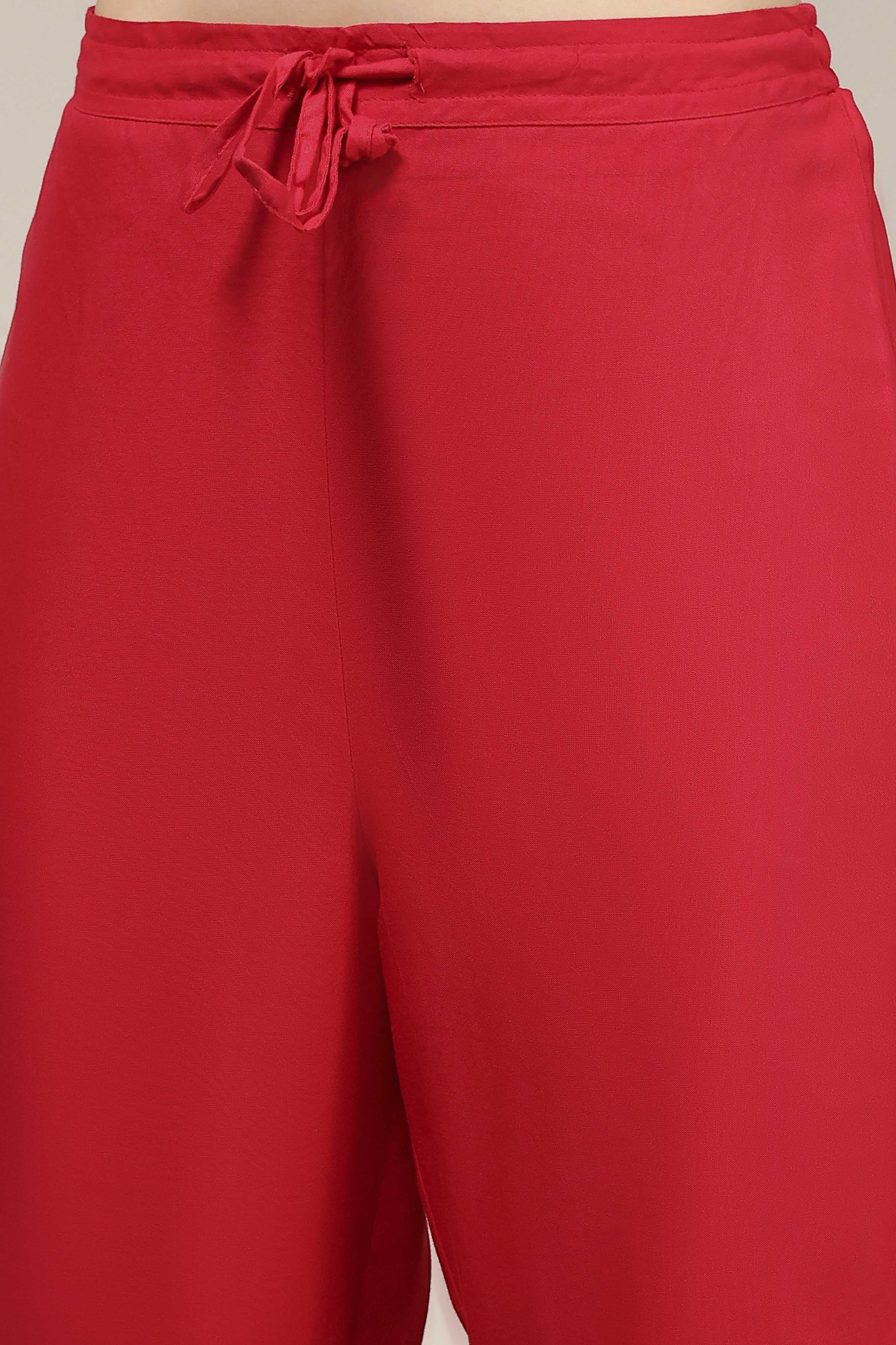 Red Viscose Rayon Straight Solid Suit Set image number 2