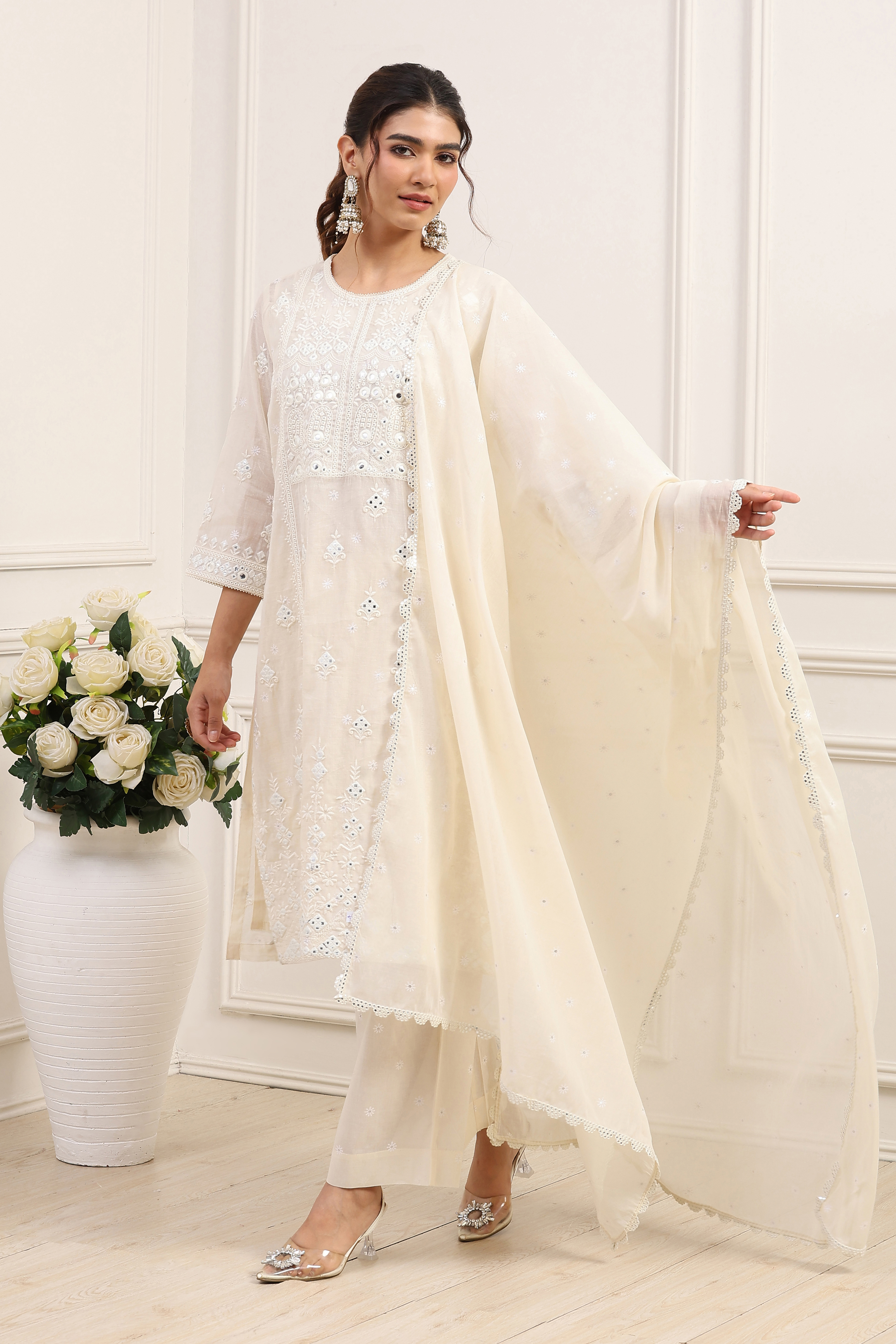 Off-White Cotton Embroidered Straight Suit Set image number 3