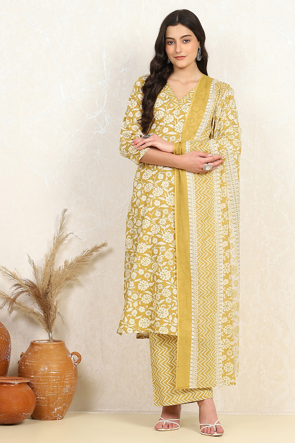 Mustard Cotton Screen Print Unstitched Suit Set image number 7