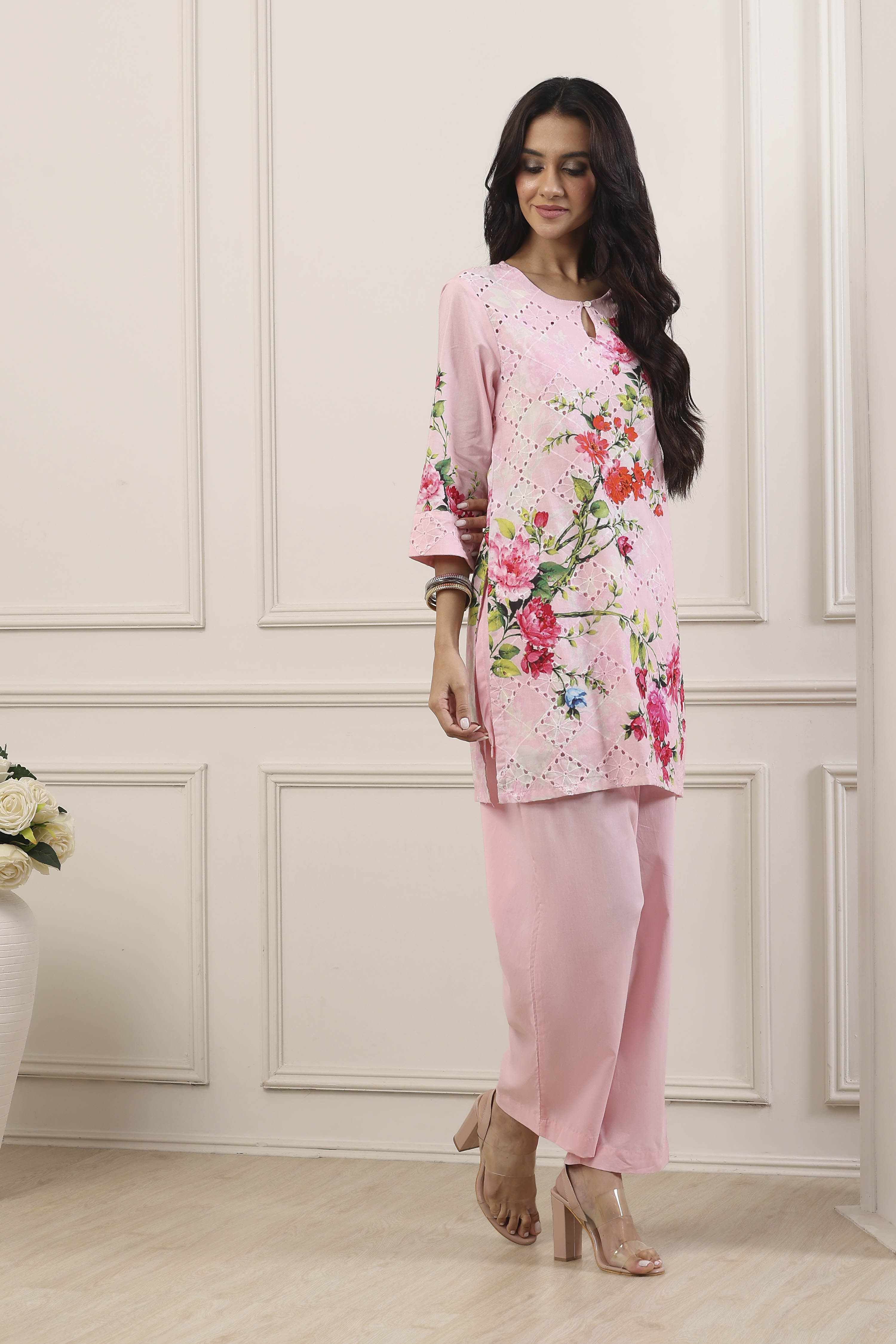 Beige Cotton Straight Suit Set image number 5