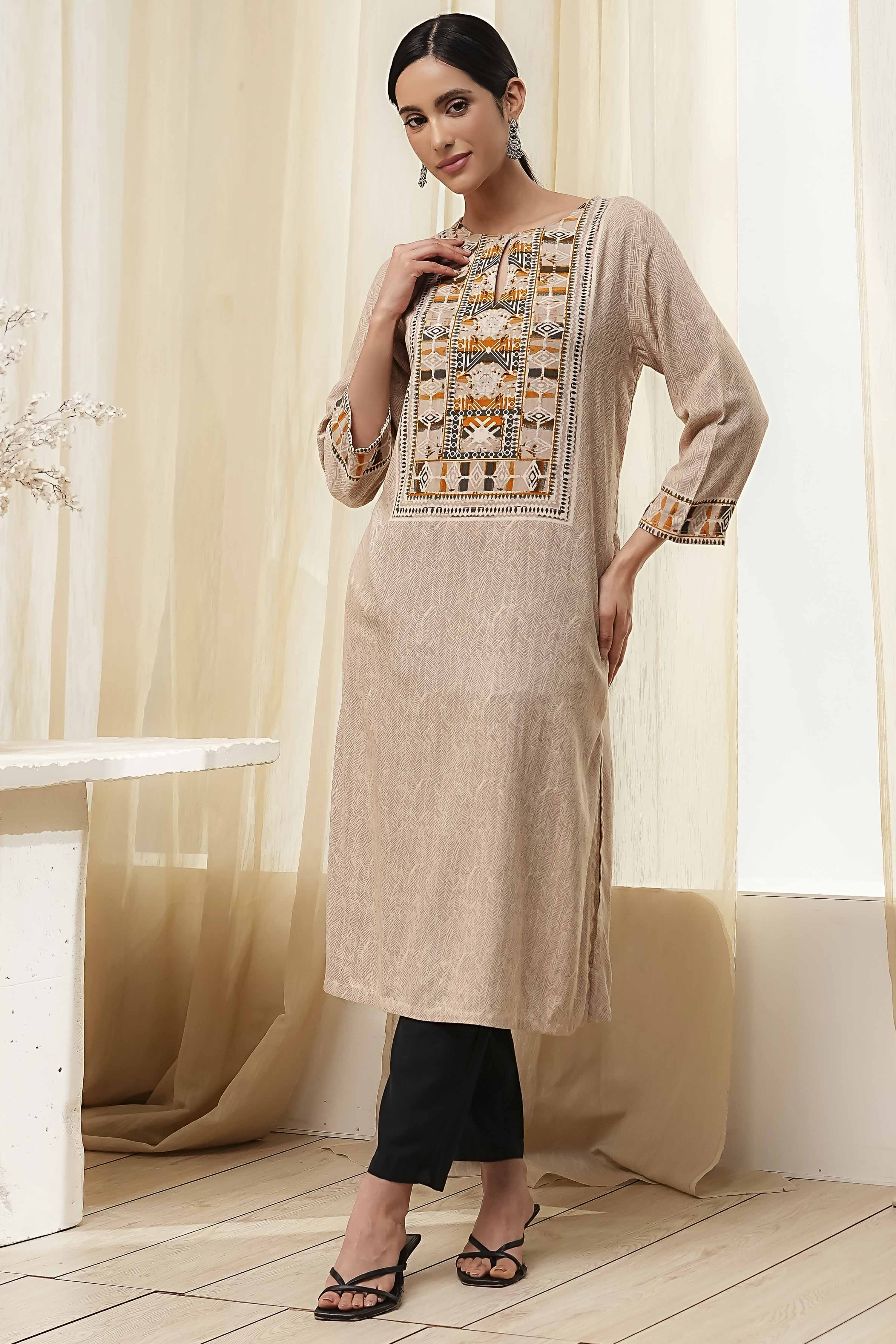 Beige Printed Straight Kurta image number 0