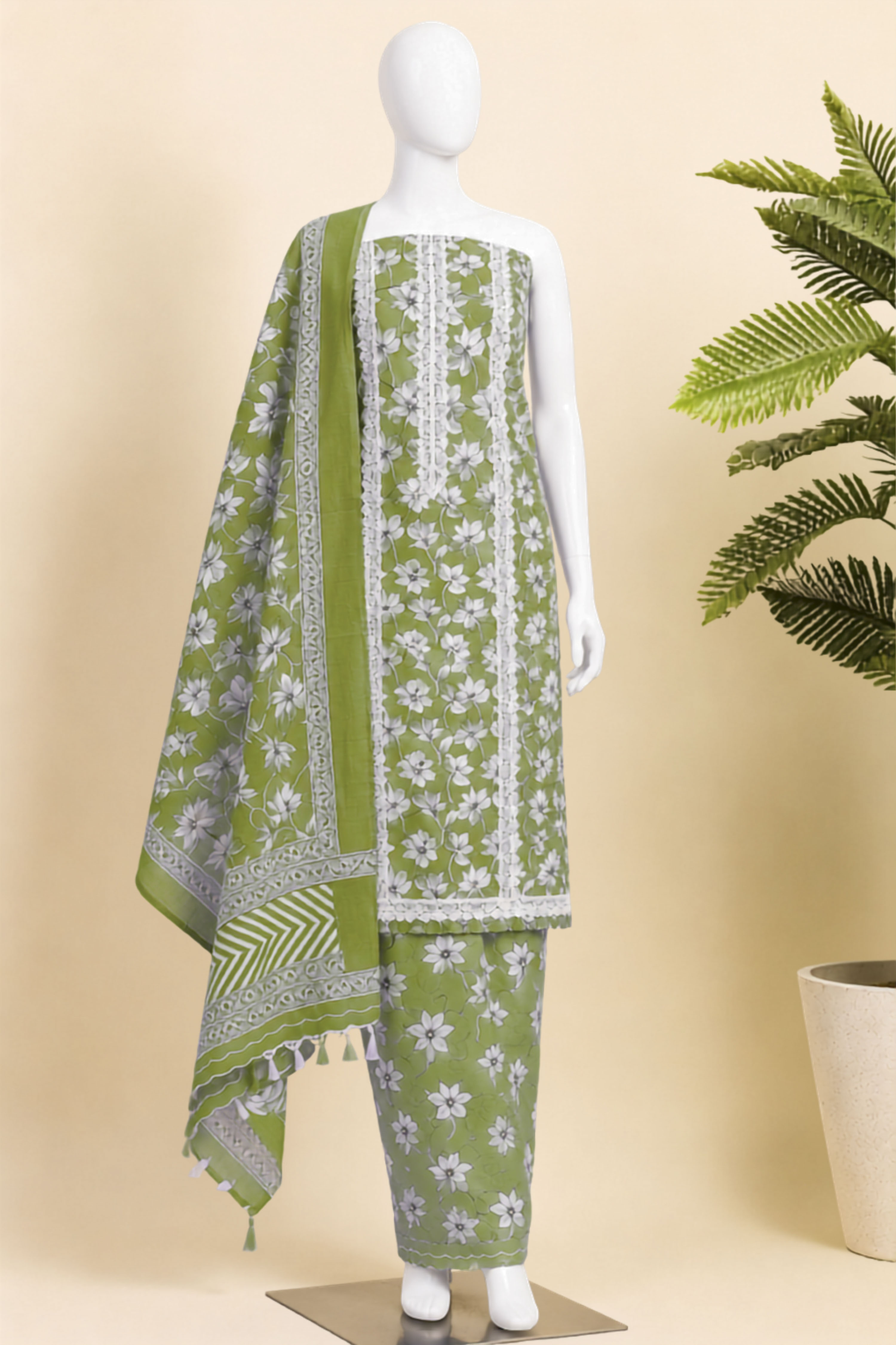 Teal Cotton Printed Unstitched Suit Set image number 4