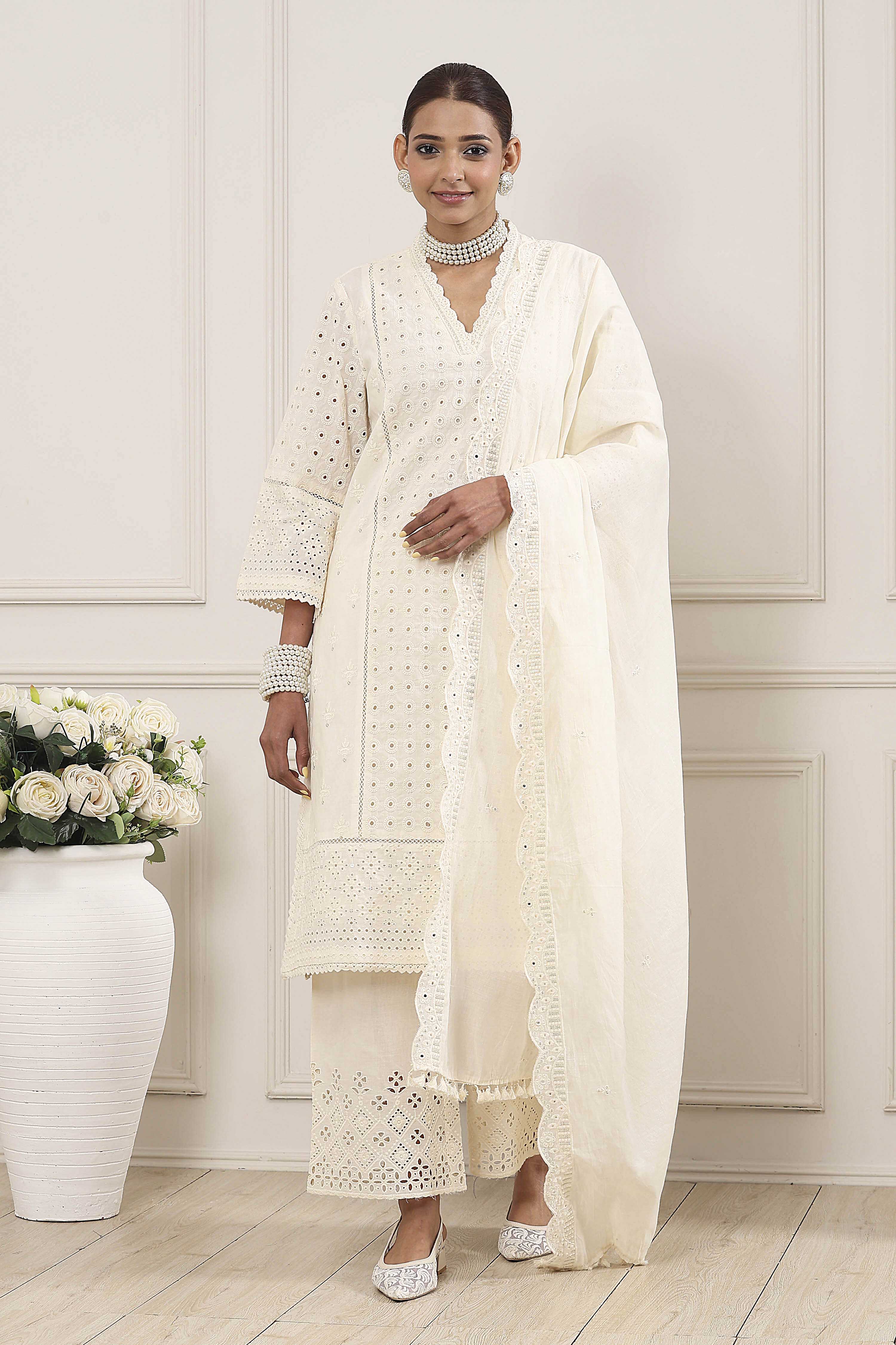 Cream-Toned Cotton Schiffli Straight Suit Set image number 6