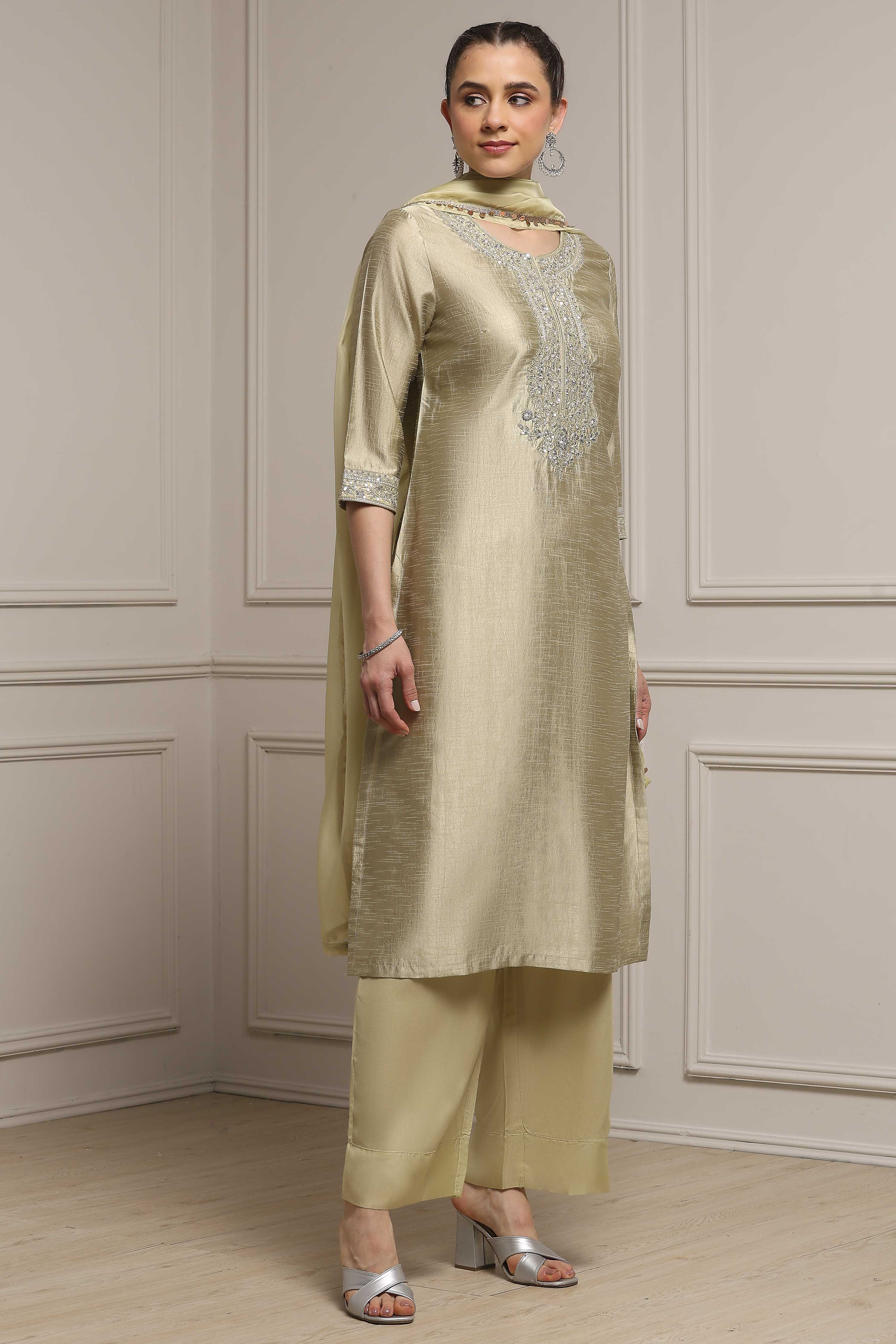 Light Green Viscose Blend Straight Dyed Suit Set image number 5