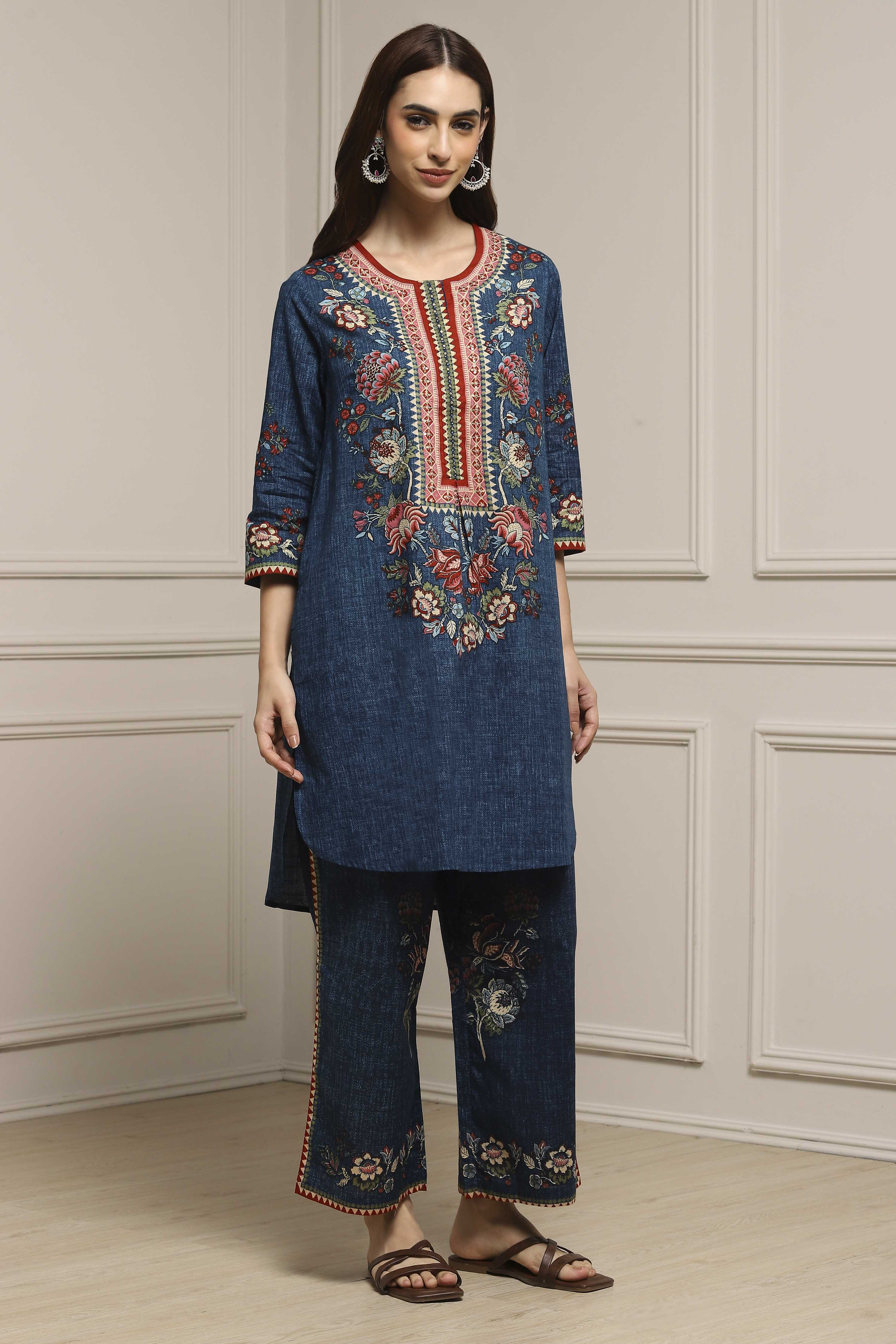 Blue Cotton Straight Printed Kurta Pants Set image number 5