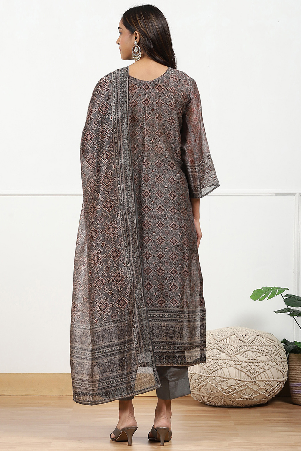 Mustard Yellow Chanderi Printed Unstitched Suit Set image number 7