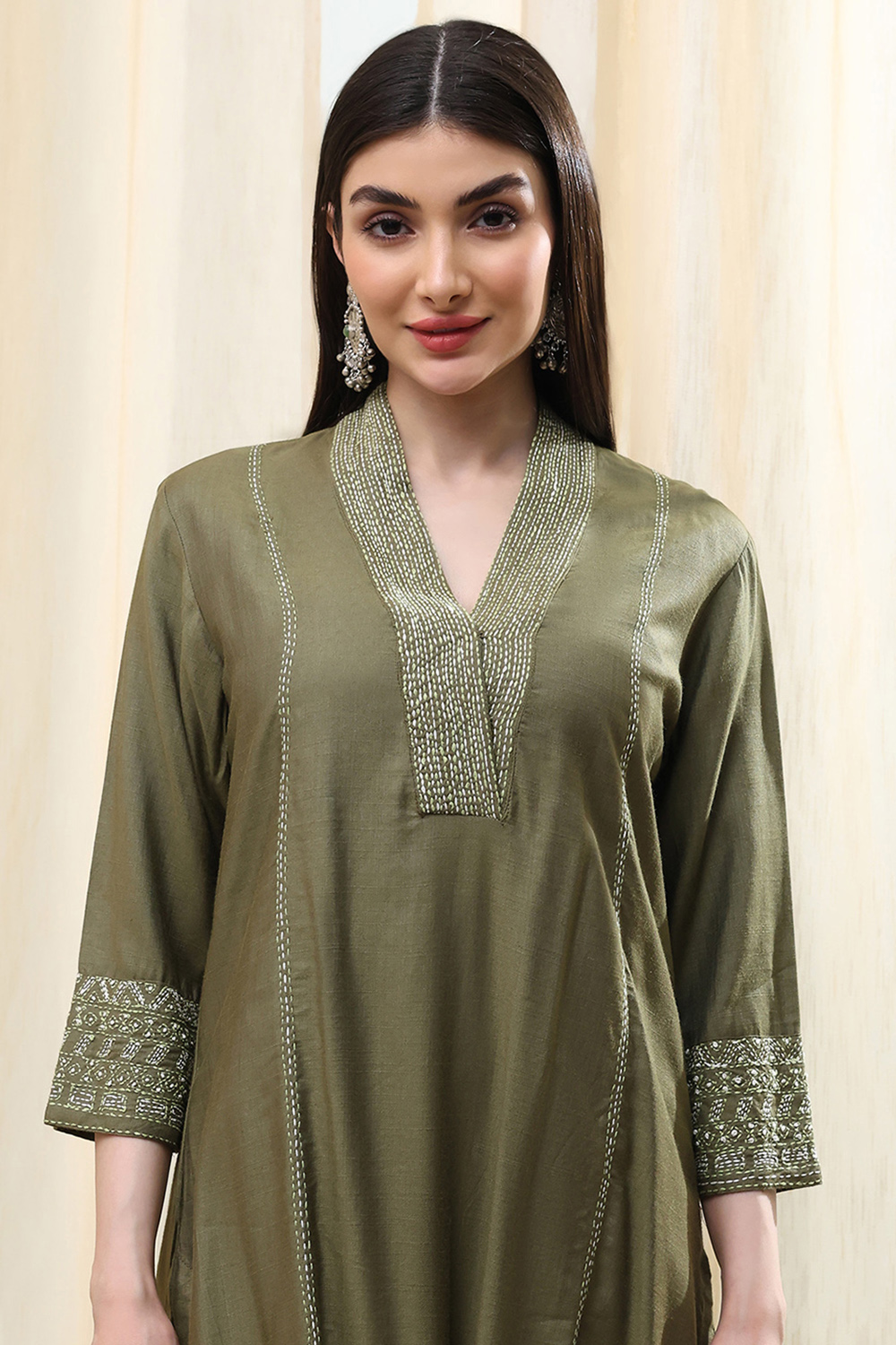 Sage Green Cotton Blend Straight Kurta Palazzo Suit Set image number 1