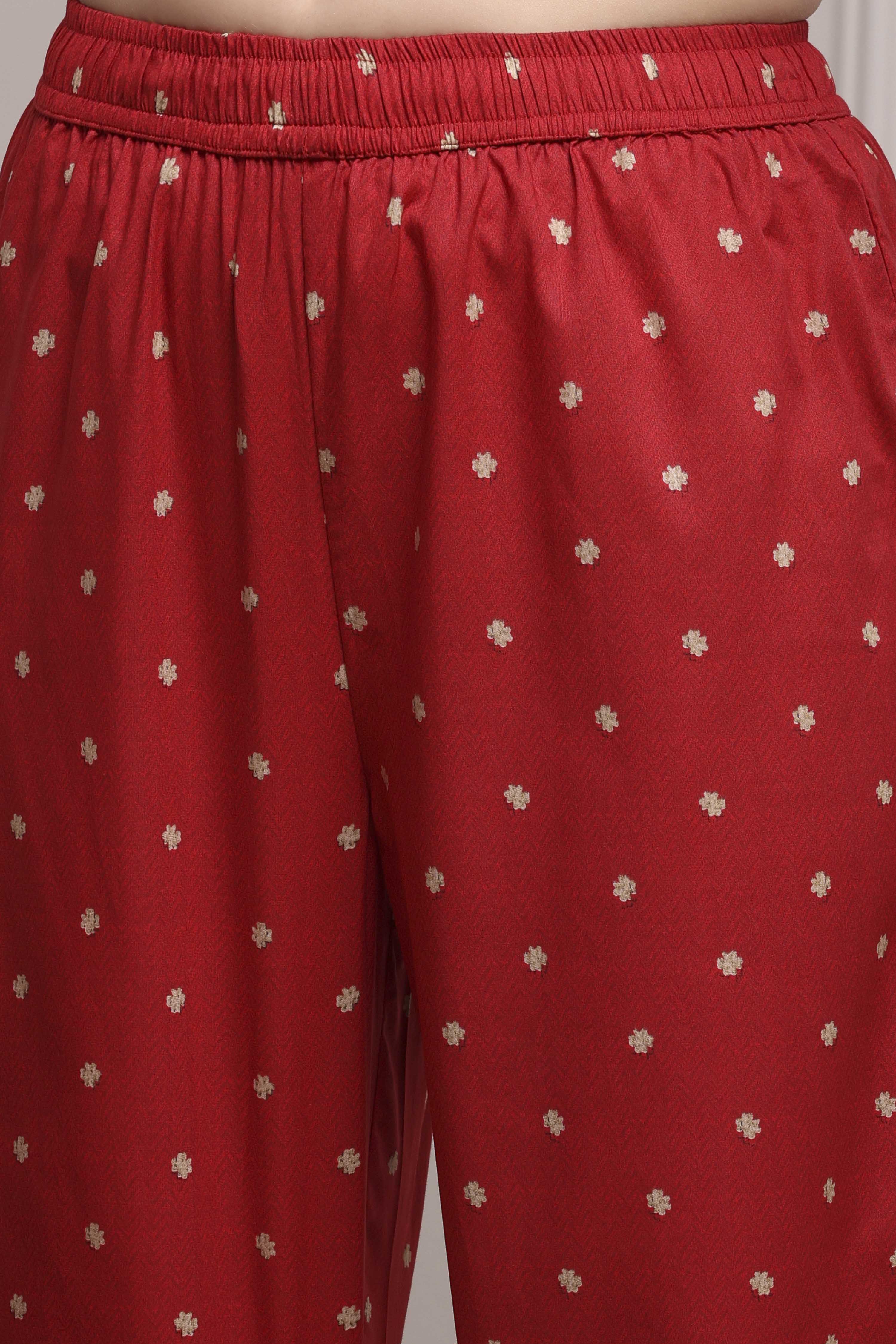 Red Cotton Anarkali Printed Suit Set image number 2