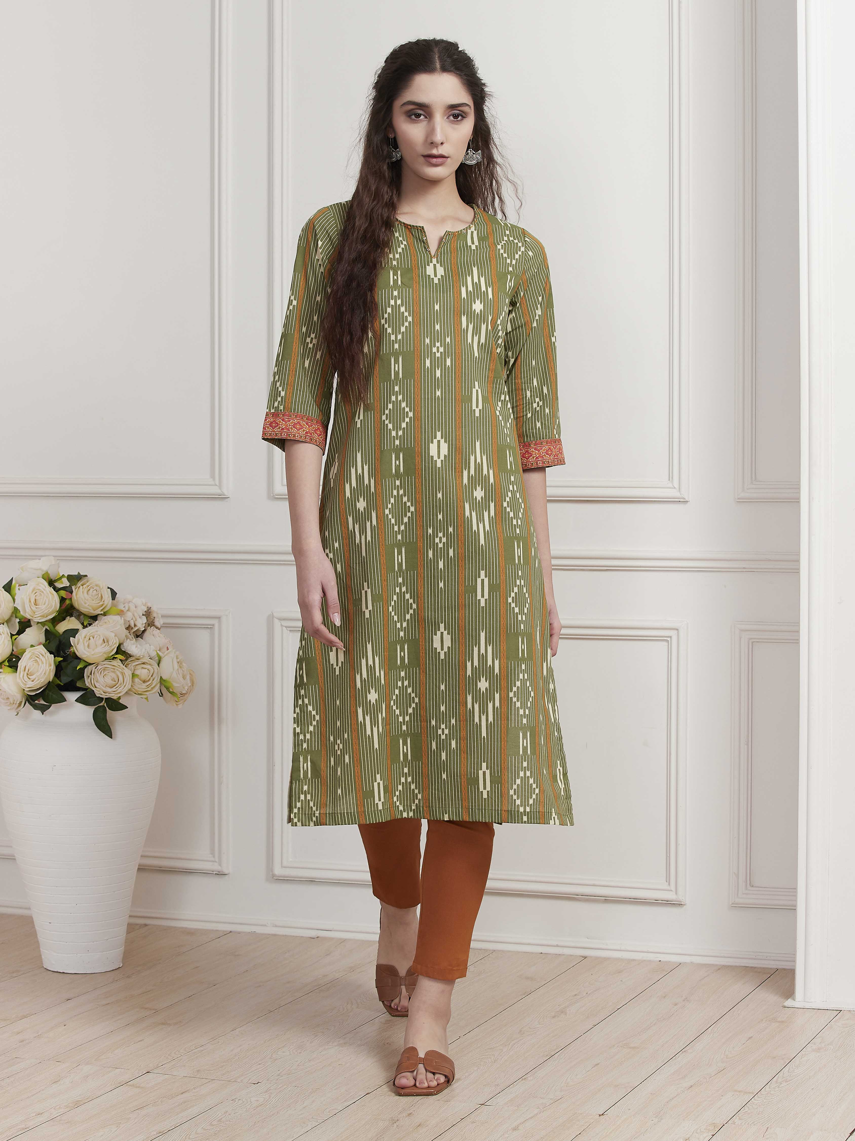 Green Cotton Printed Straight Kurta image number 5