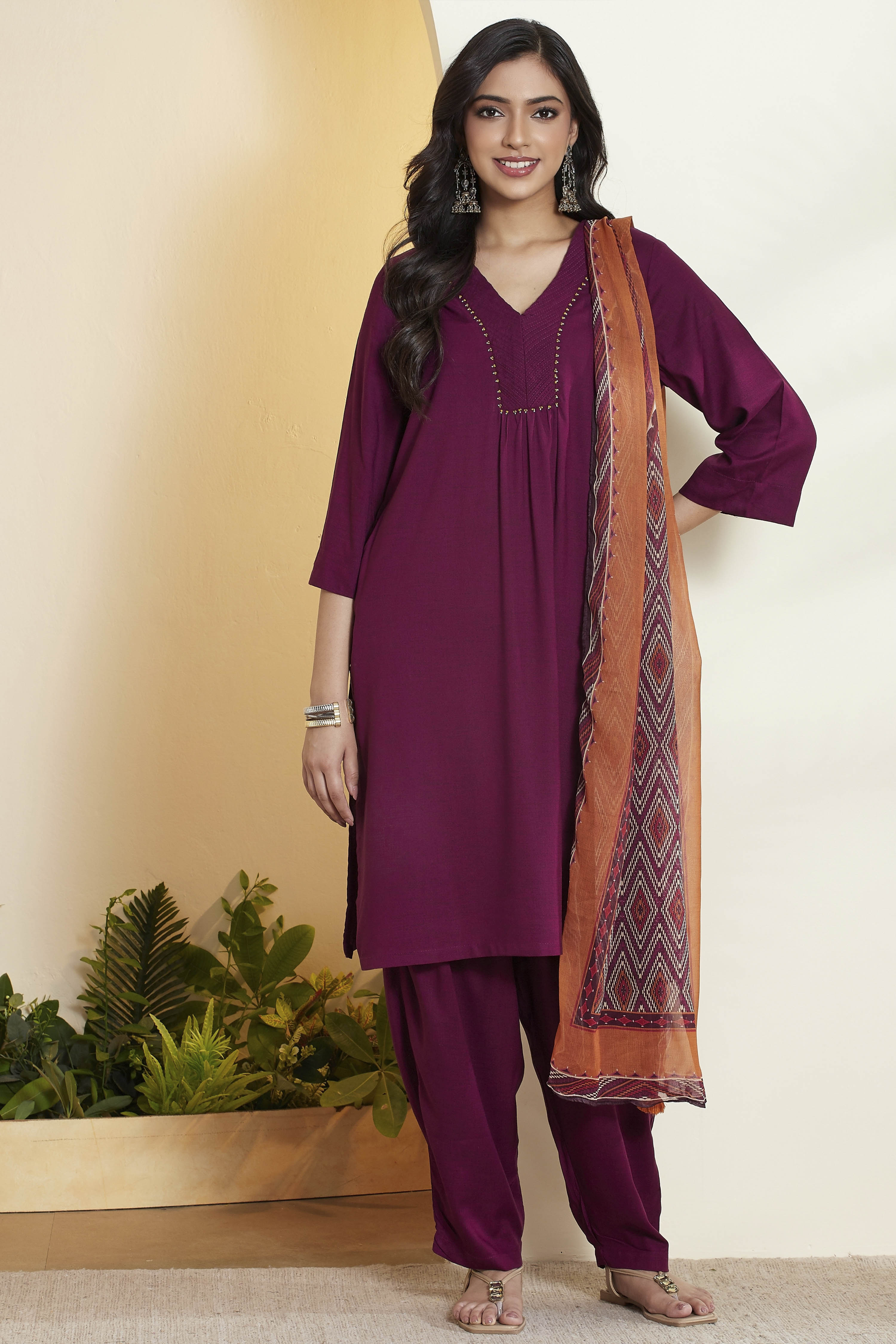 Purple Viscose Rayon Straight Suit Set image number 7