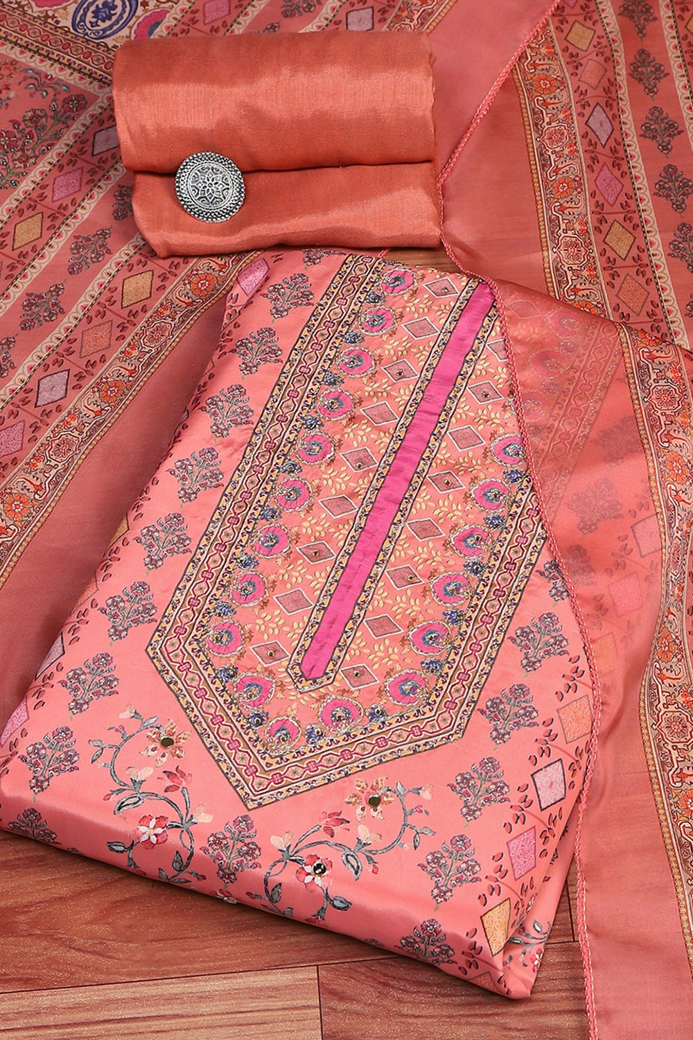 Pink Crepe Printed Unstitched Suit Set image number 0
