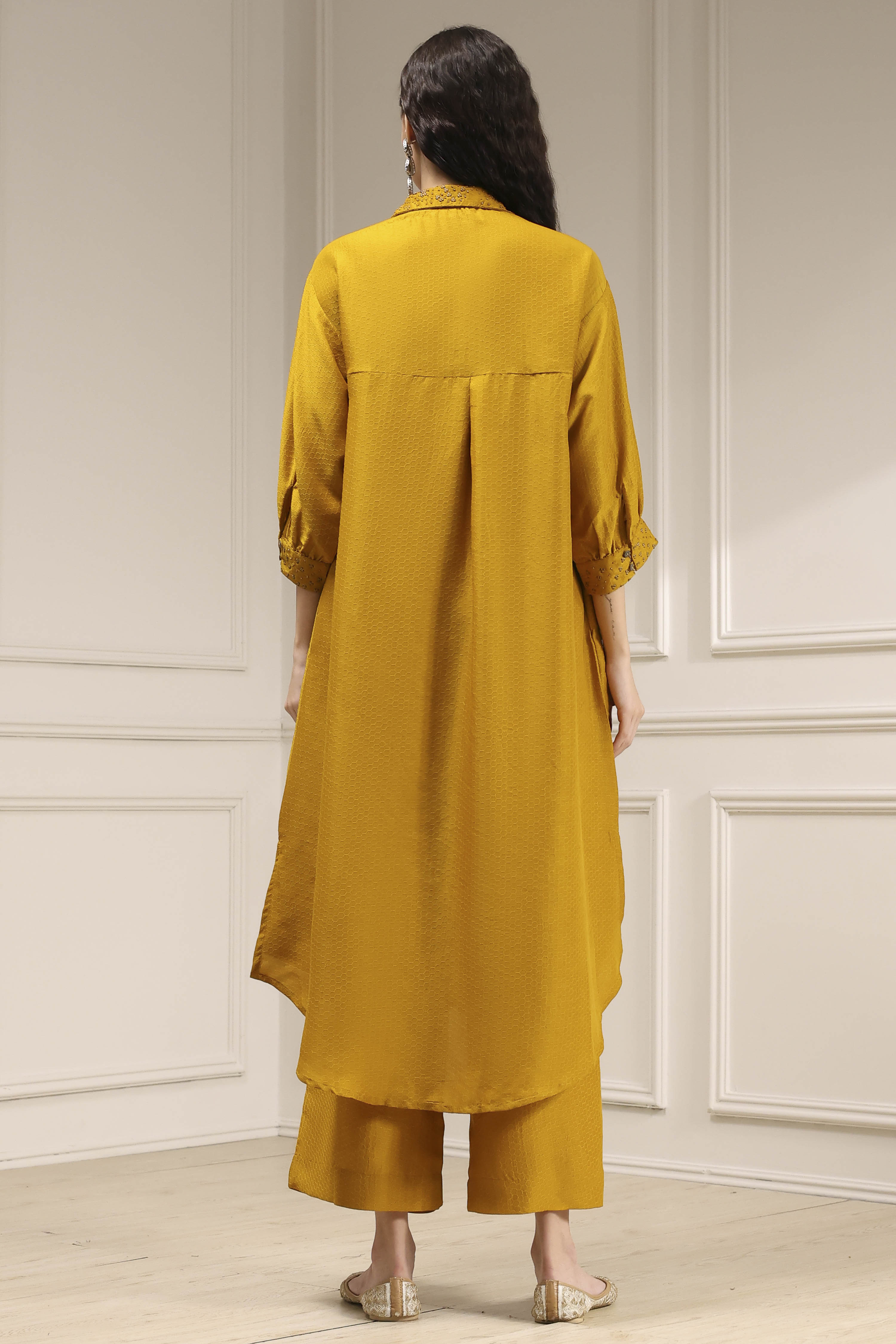 Ochre Yellow Polyester A-Line Dyed Kurta Pants Set image number 4