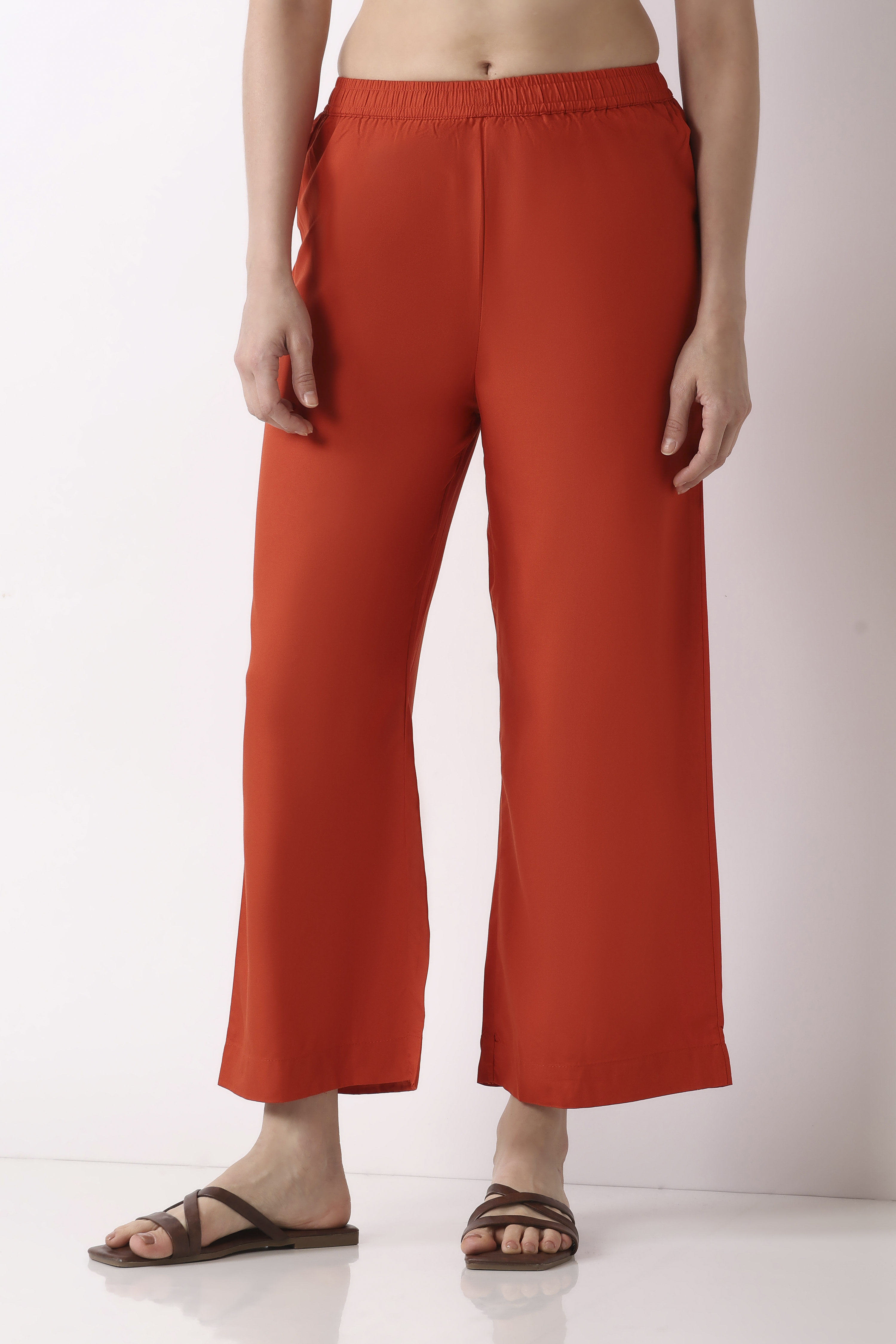 Berry Maroon Solid Straight Palazzos image number 4