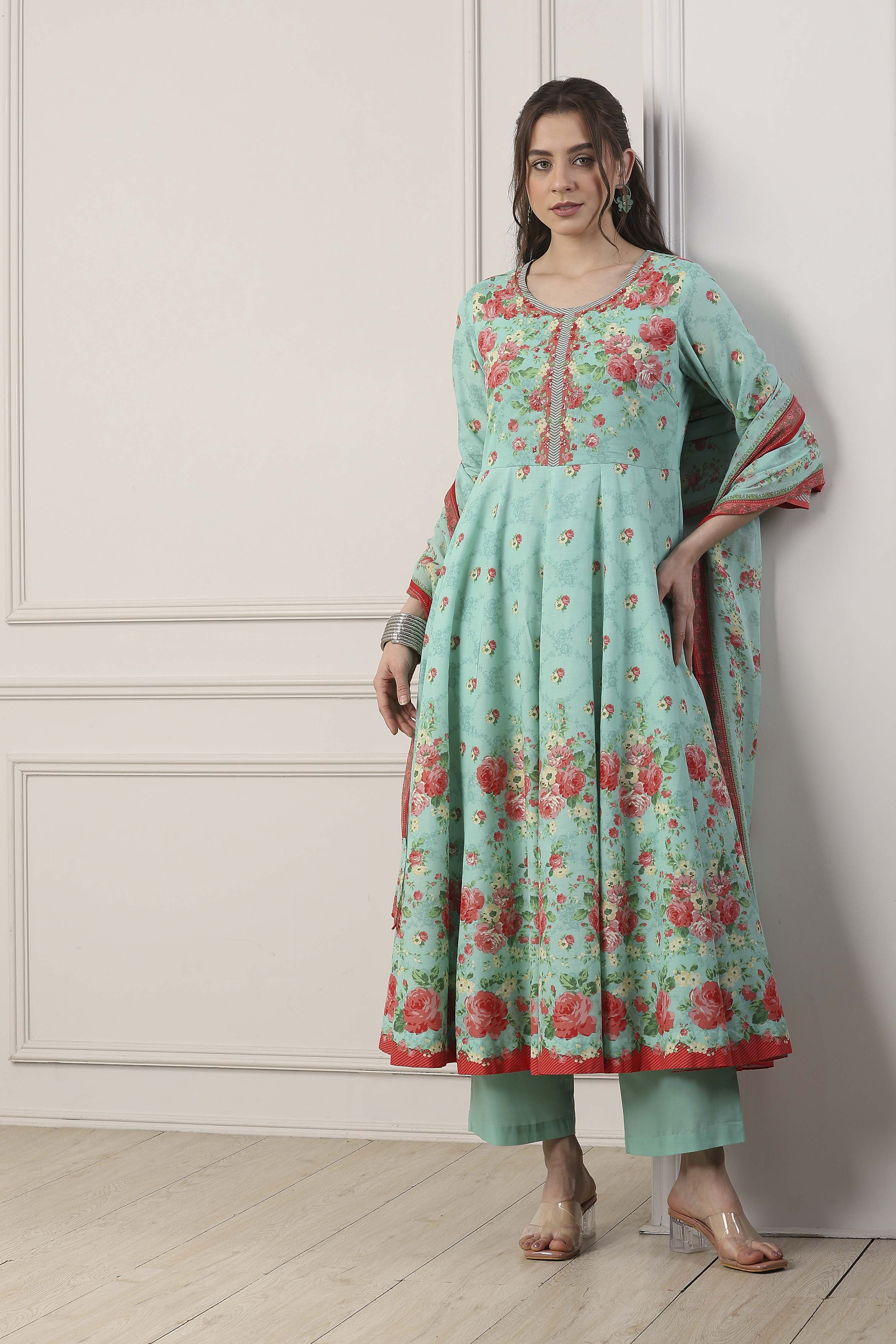 Blue Cotton All-Over Floral Kalidar Suit Set image number 7