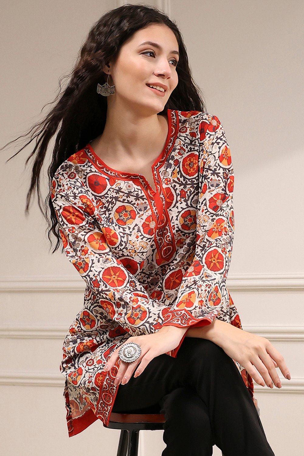 Mustard Red Polyester Straight Printed Short Kurta image number 0