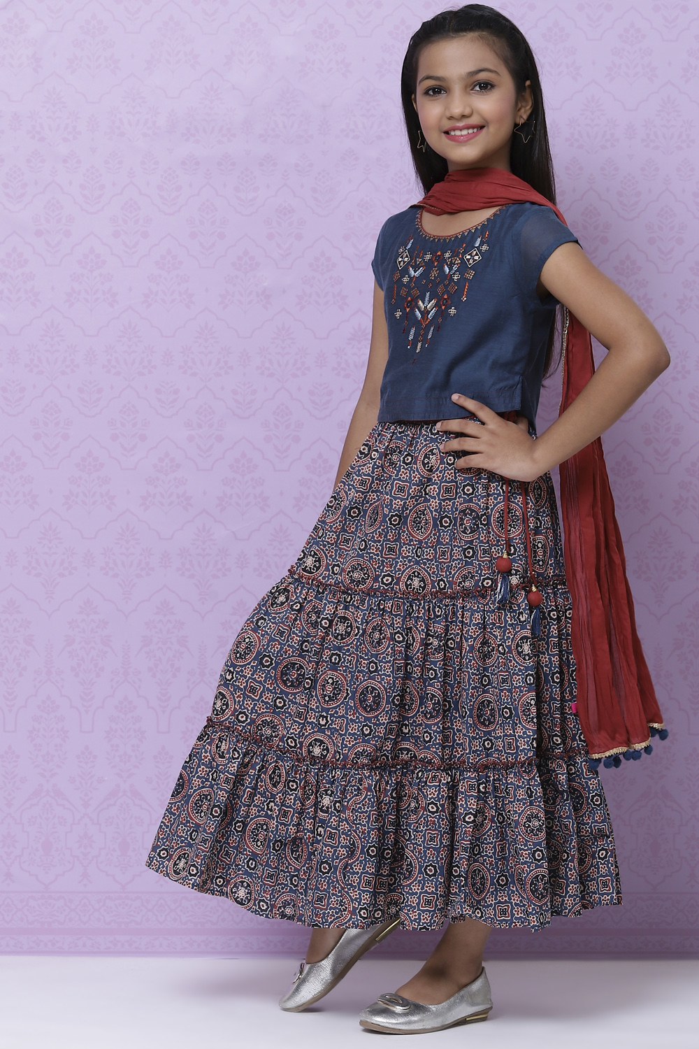 Teal Poly Cotton Girls Lehenga Set image number 5