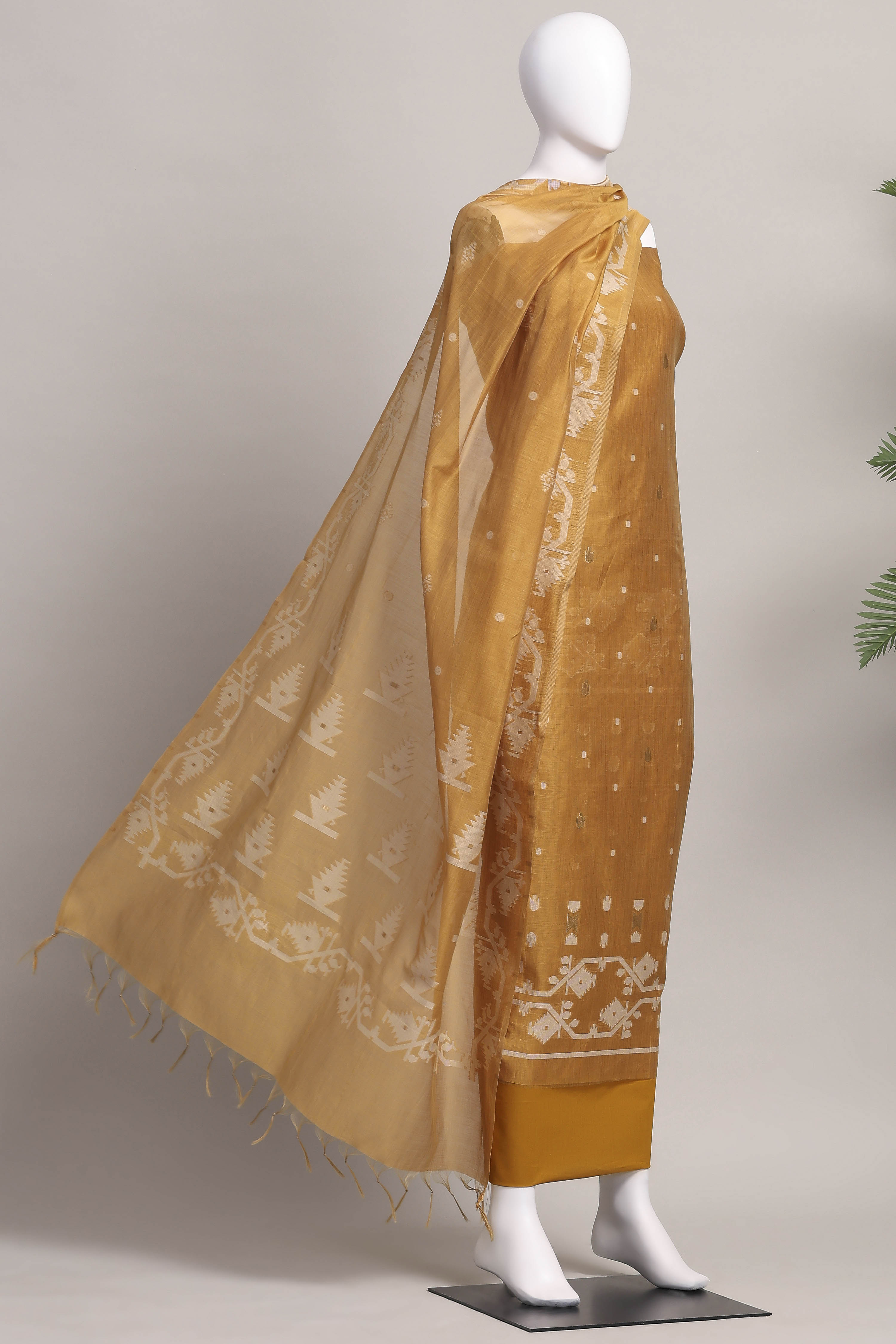 Rust Cotton Jamdani Unstitched Suit Set image number 4