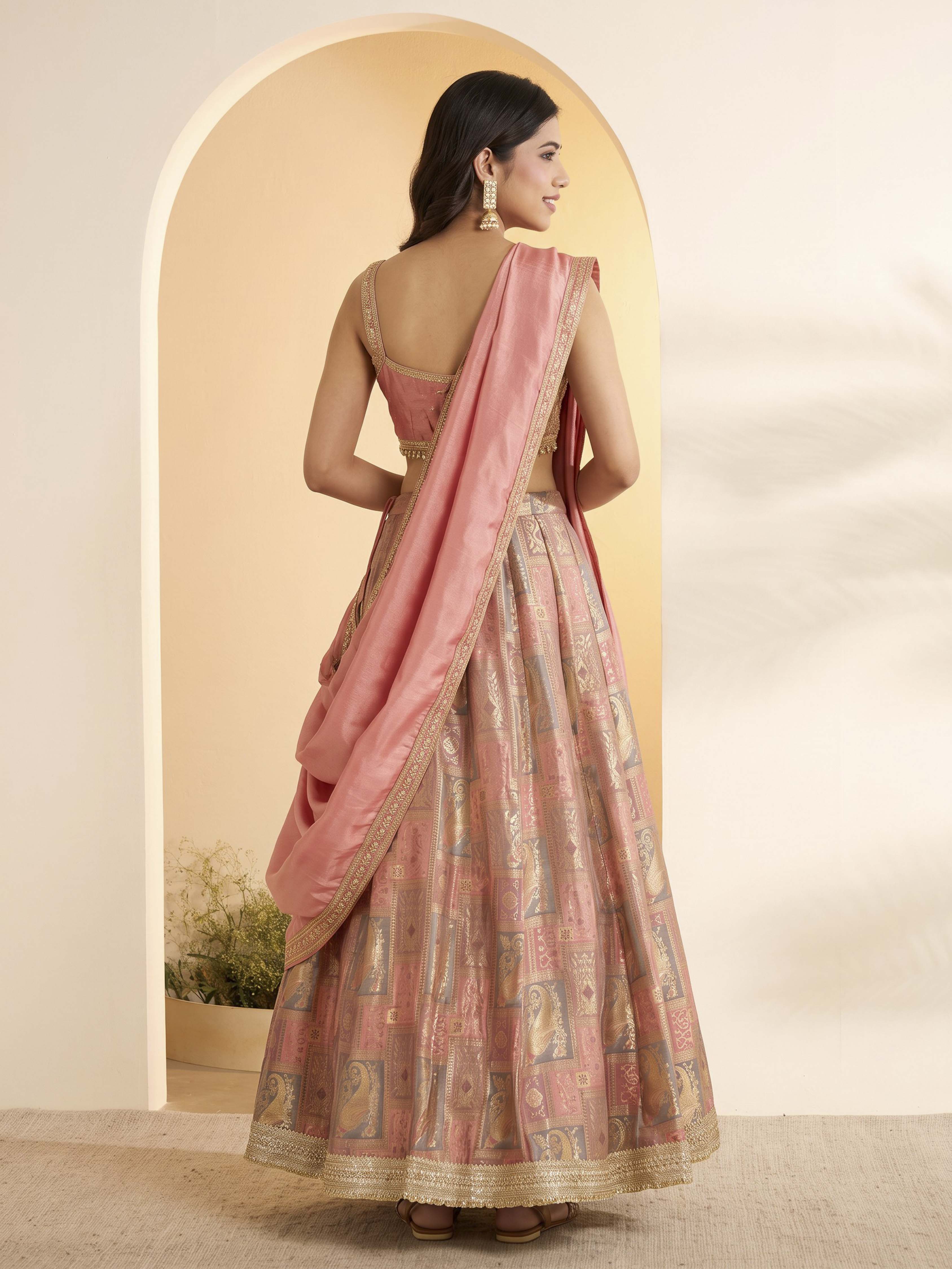 Light Pink Silk Kalidar Lehenga Set image number 4