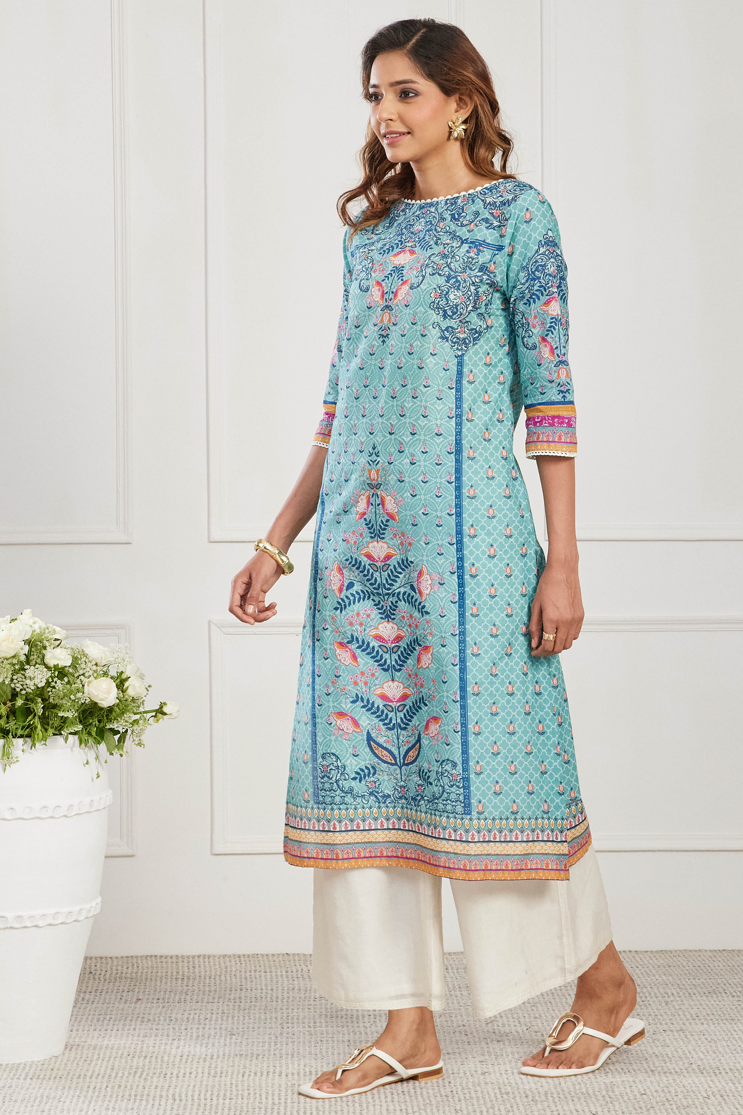 Pink Cotton Printed Straight Kurta image number 2
