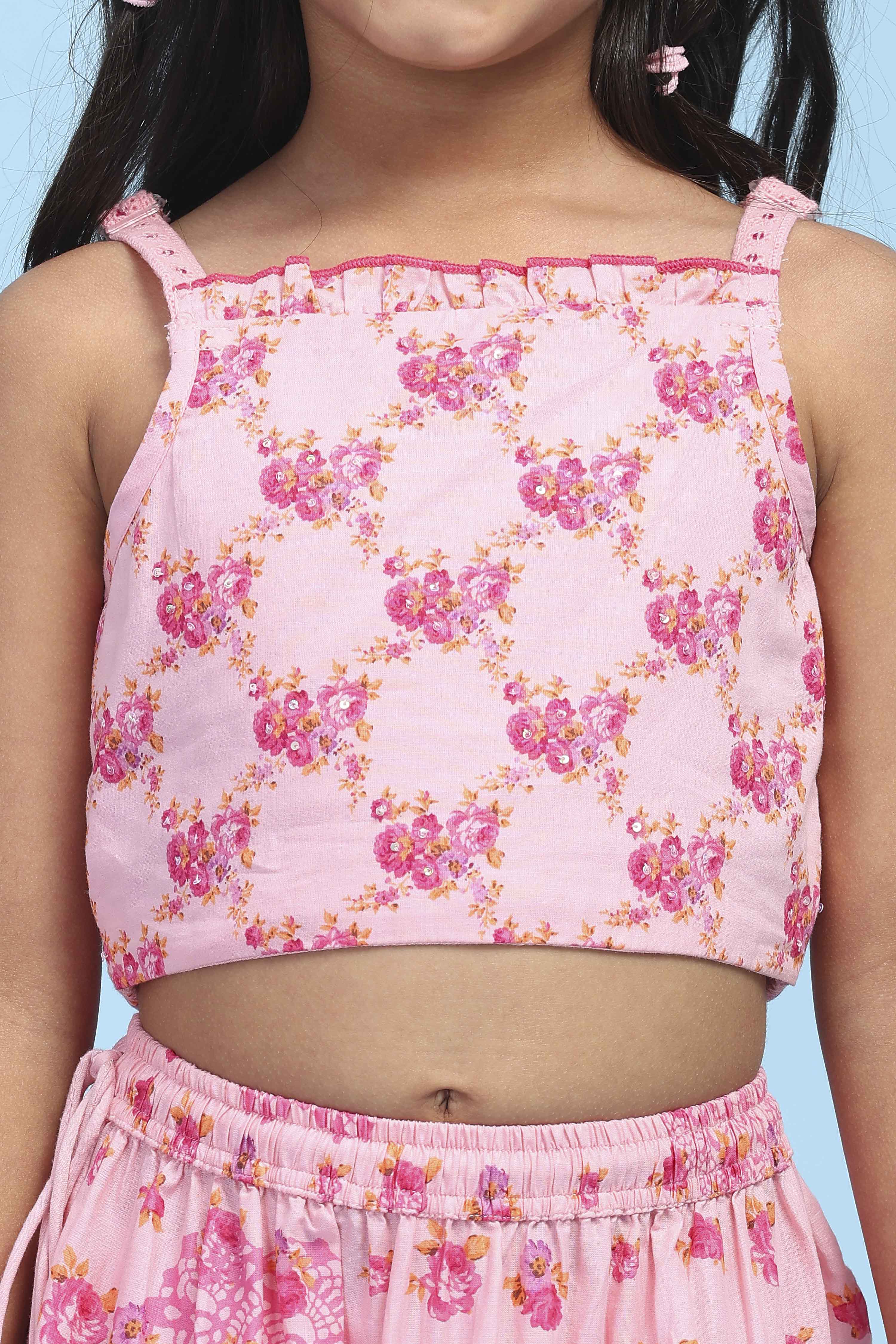 Pink Cotton Printed Tiered Lehenga Set image number 1