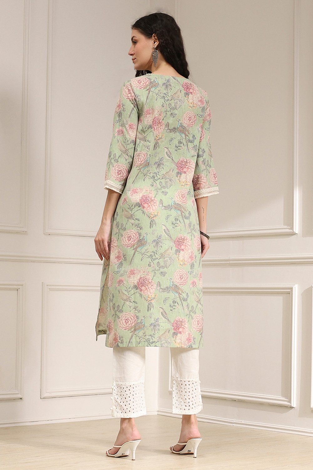 Yellow Cotton Blend Printed Straight Kurta image number 3