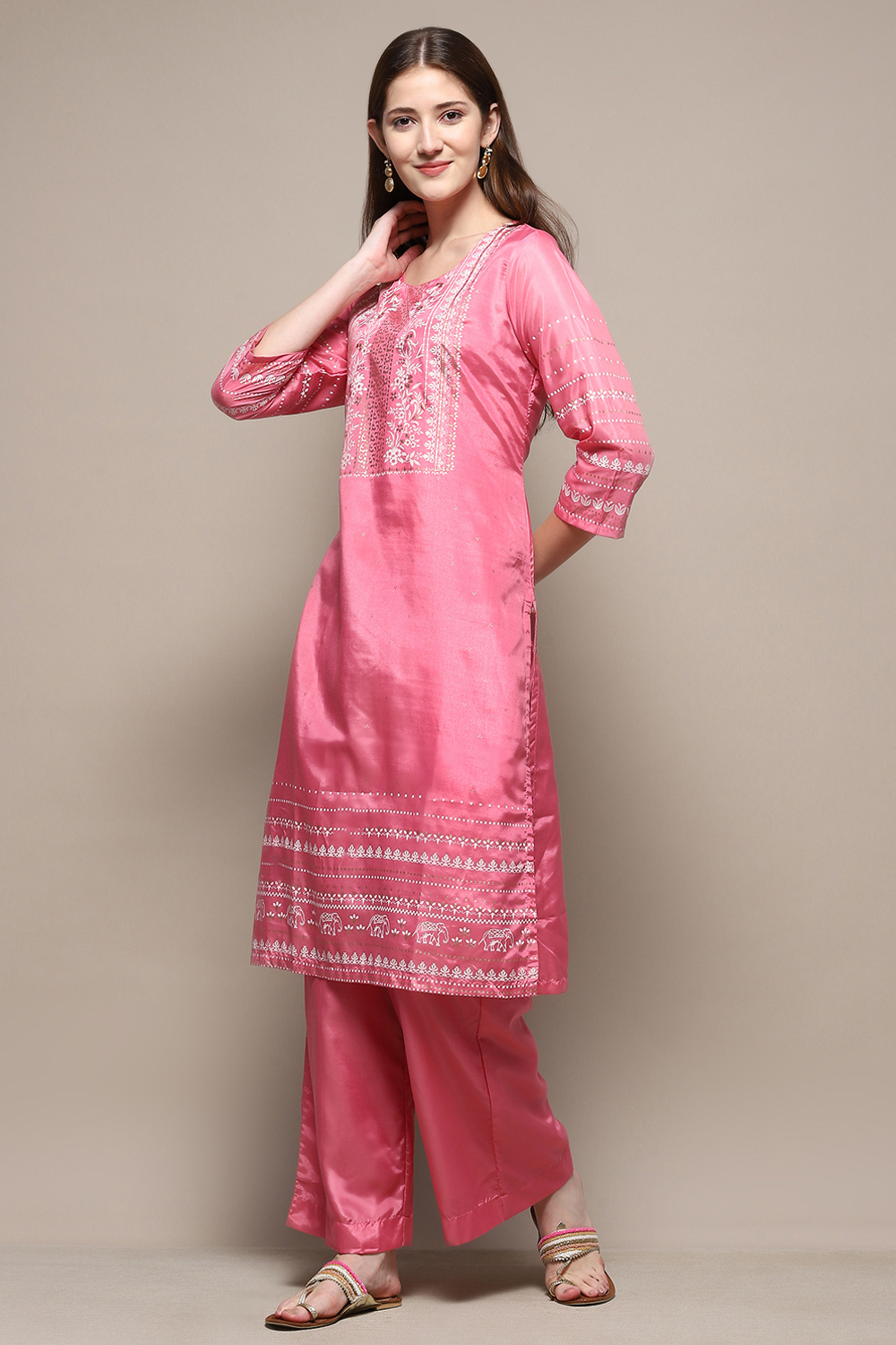 Pink Cotton Blend Straight Kurta Palazzo Suit Set image number 0
