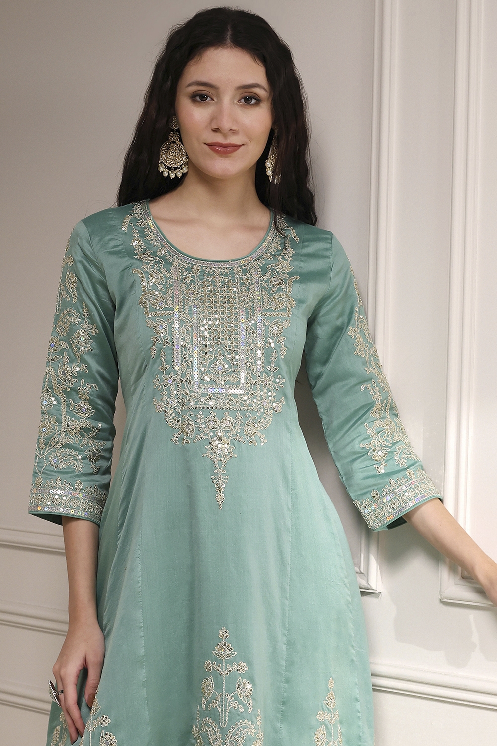 Off White Cotton Silk Anarkali Suit Set image number 1