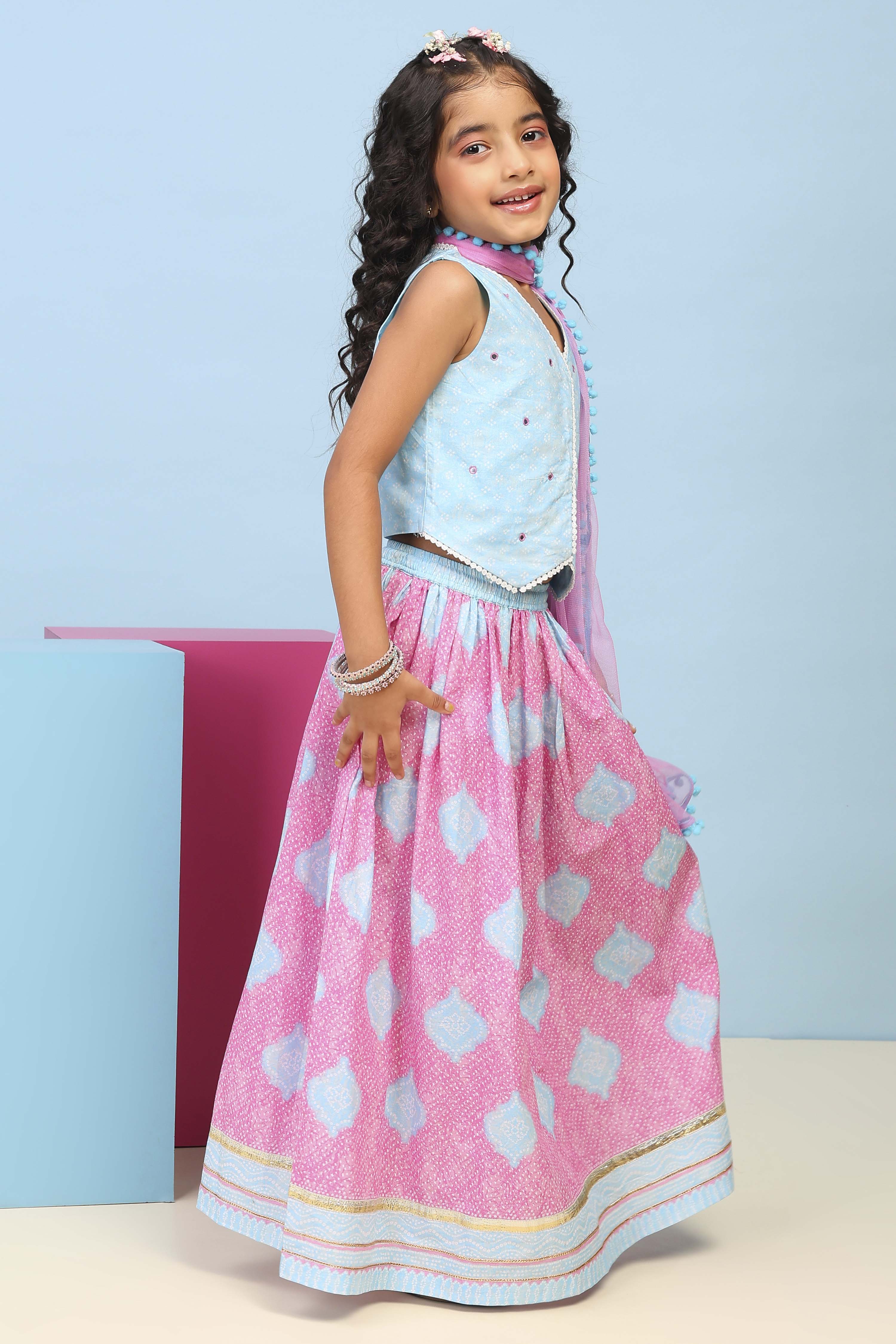 Blue Cotton Printed Straight Lehenga Set image number 5