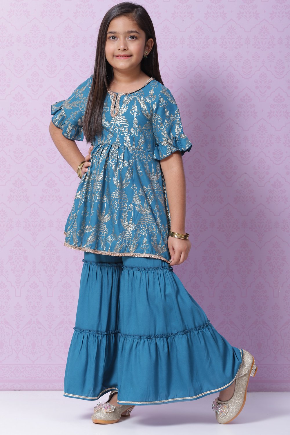 Berry Pink Rayon Flared Printed Kurta Set image number 0