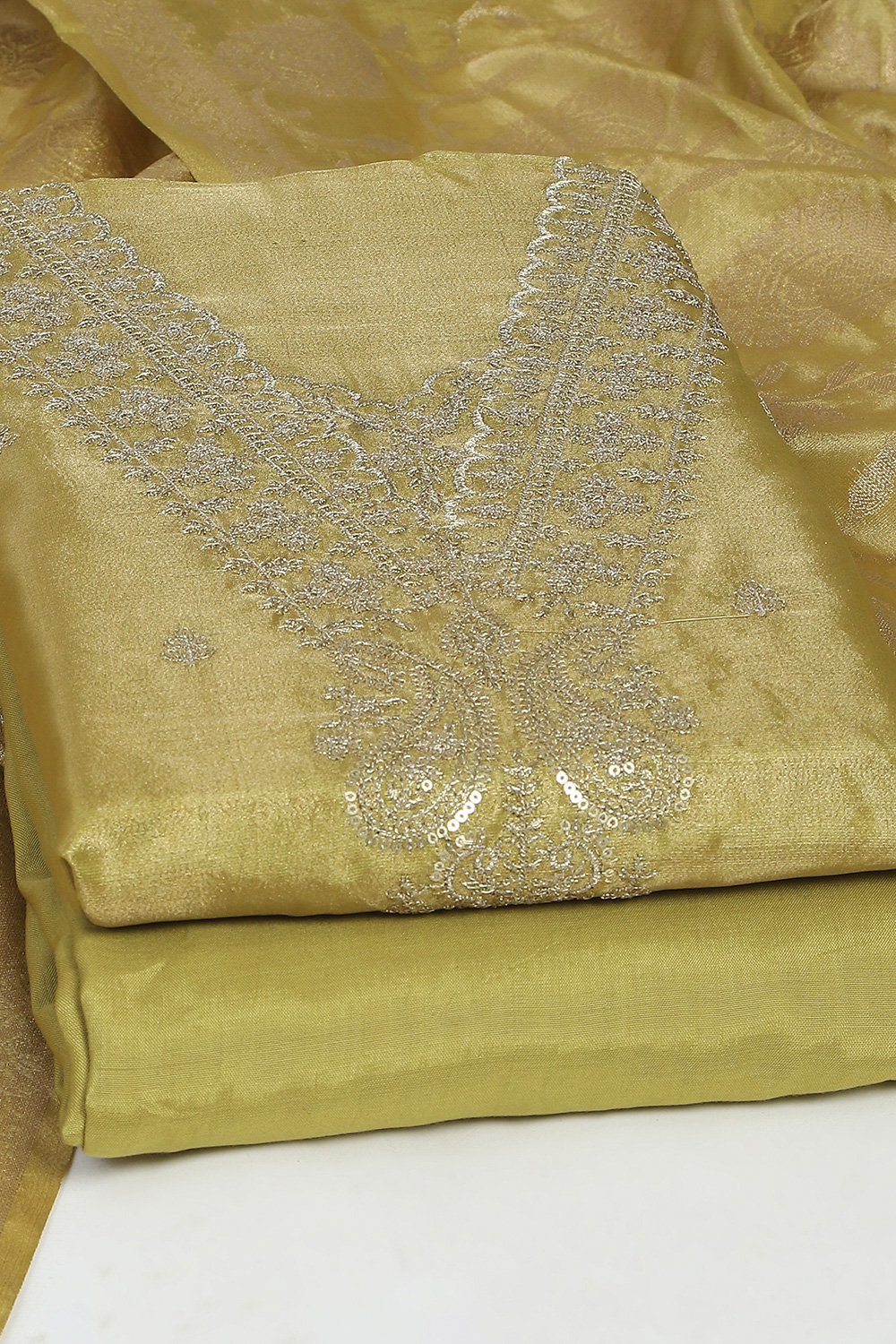 Green Tissue Machine Embroidered Unstitched Suit Set image number 5