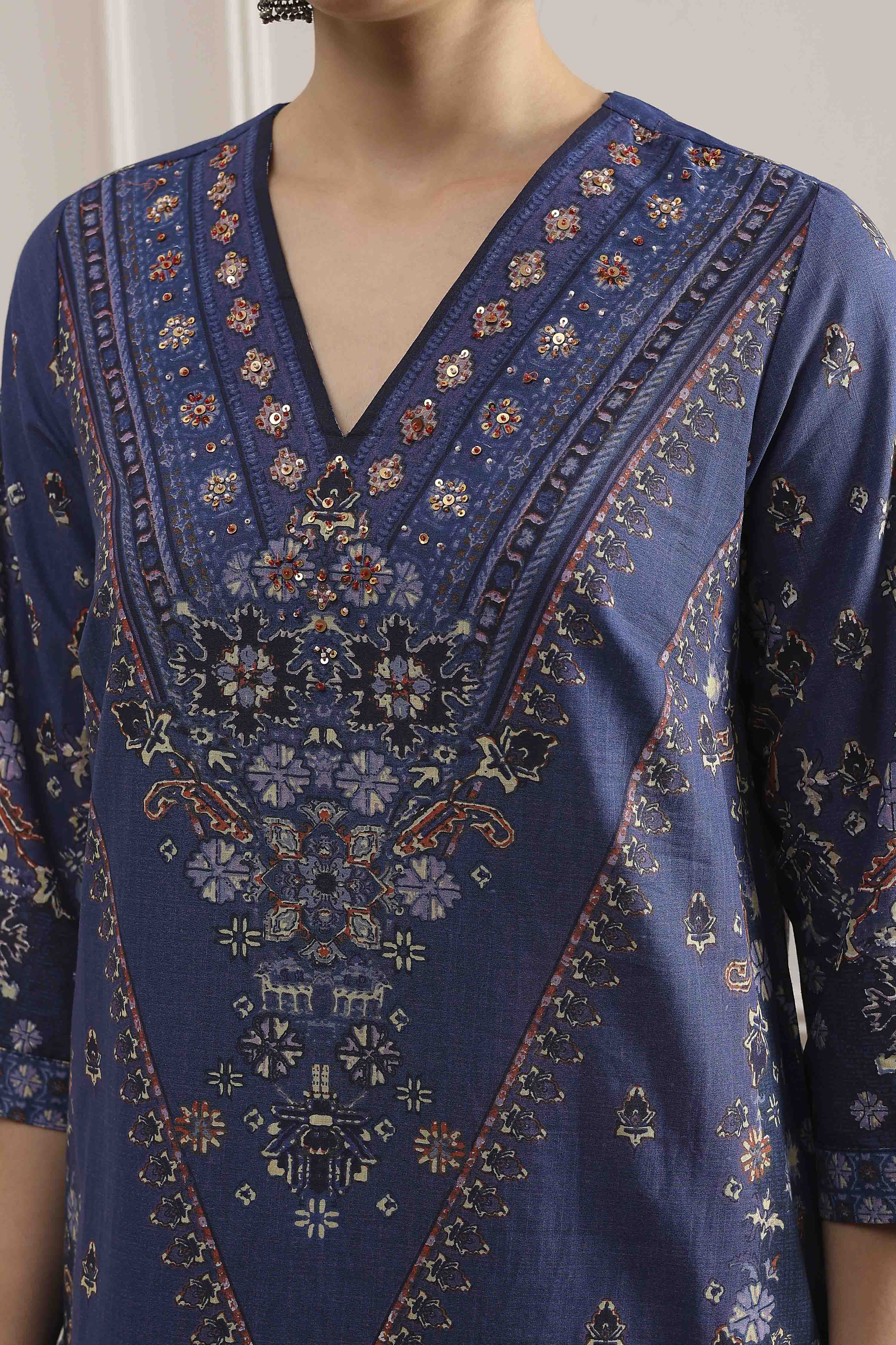 Blue Cotton Straight Printed Suit Set image number 1