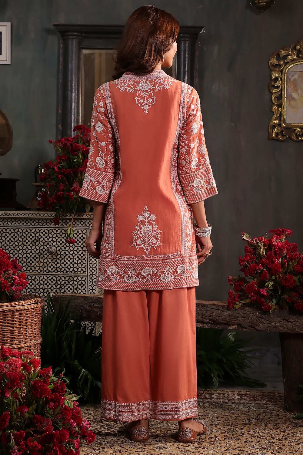 Earthy Blue Chanderi Embroidered Straight Suit Set image number 4