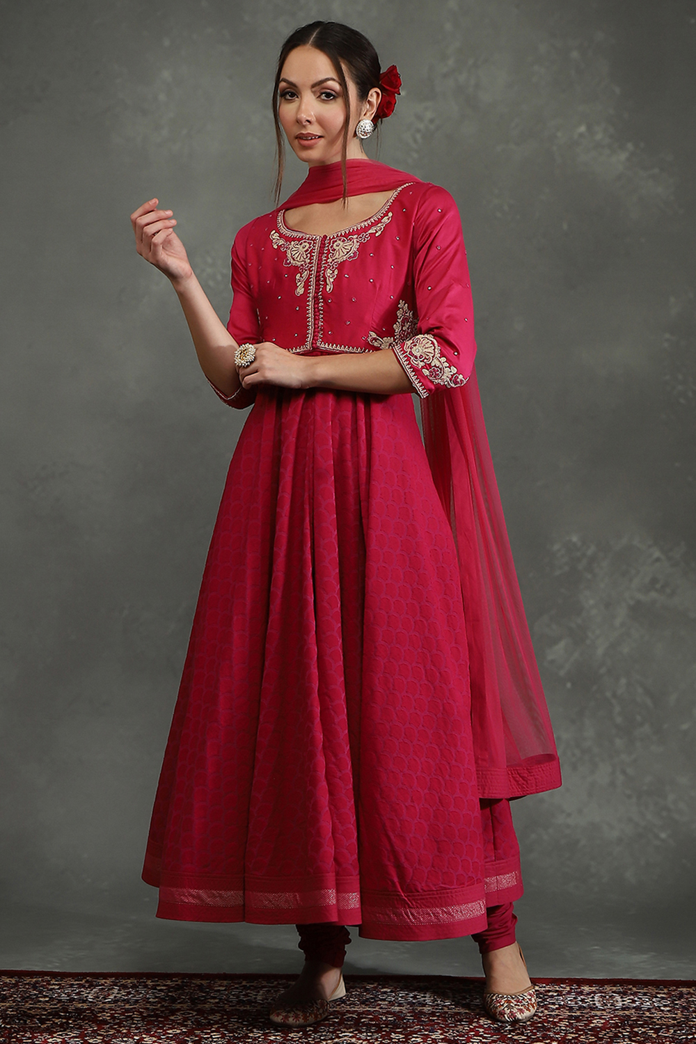 Cream-Toned Silk Chanderi Floral Anarkali Suit Set image number 3