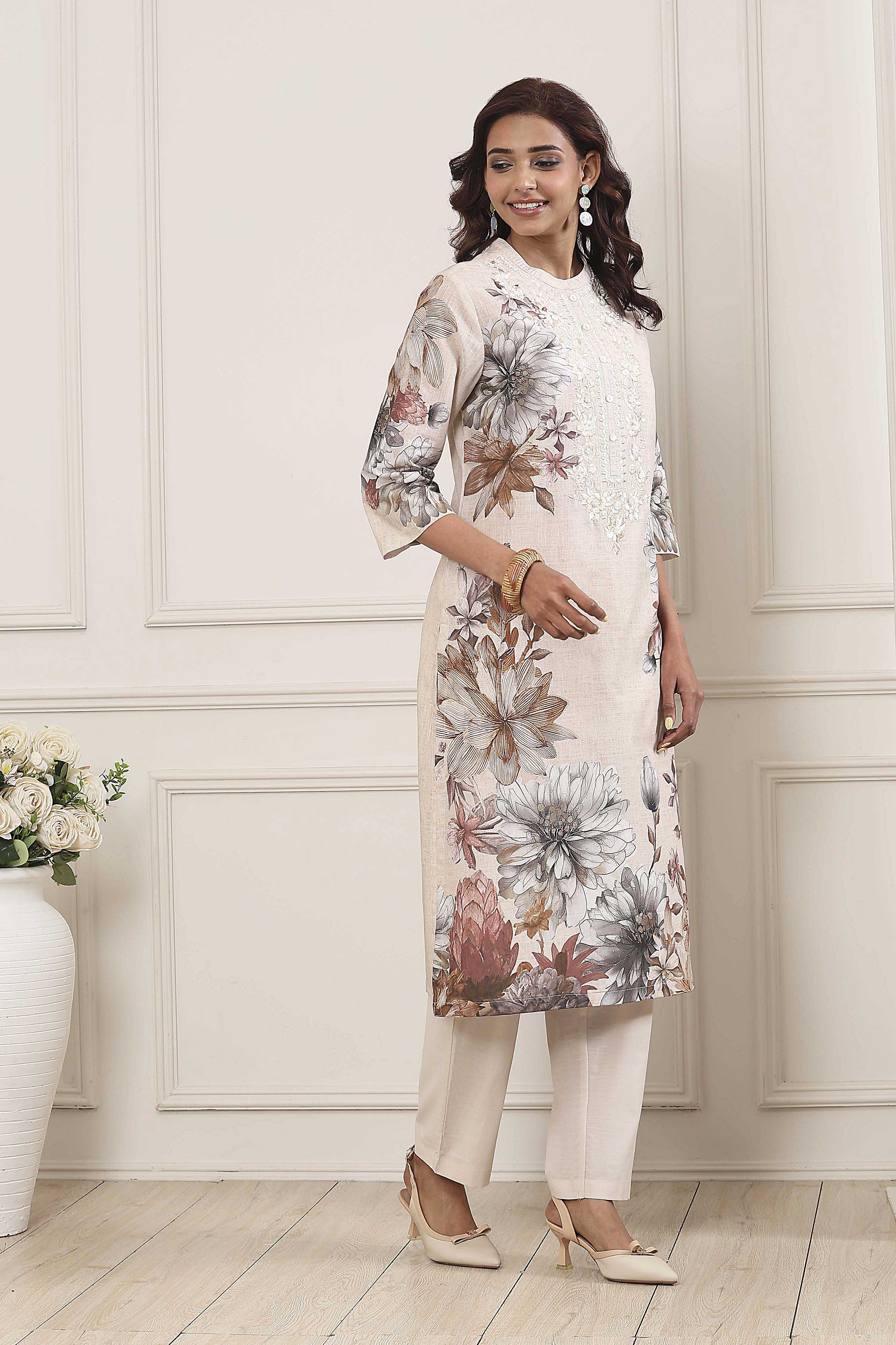 Beige Cotton Floral Printed Straight Kurta Set image number 5