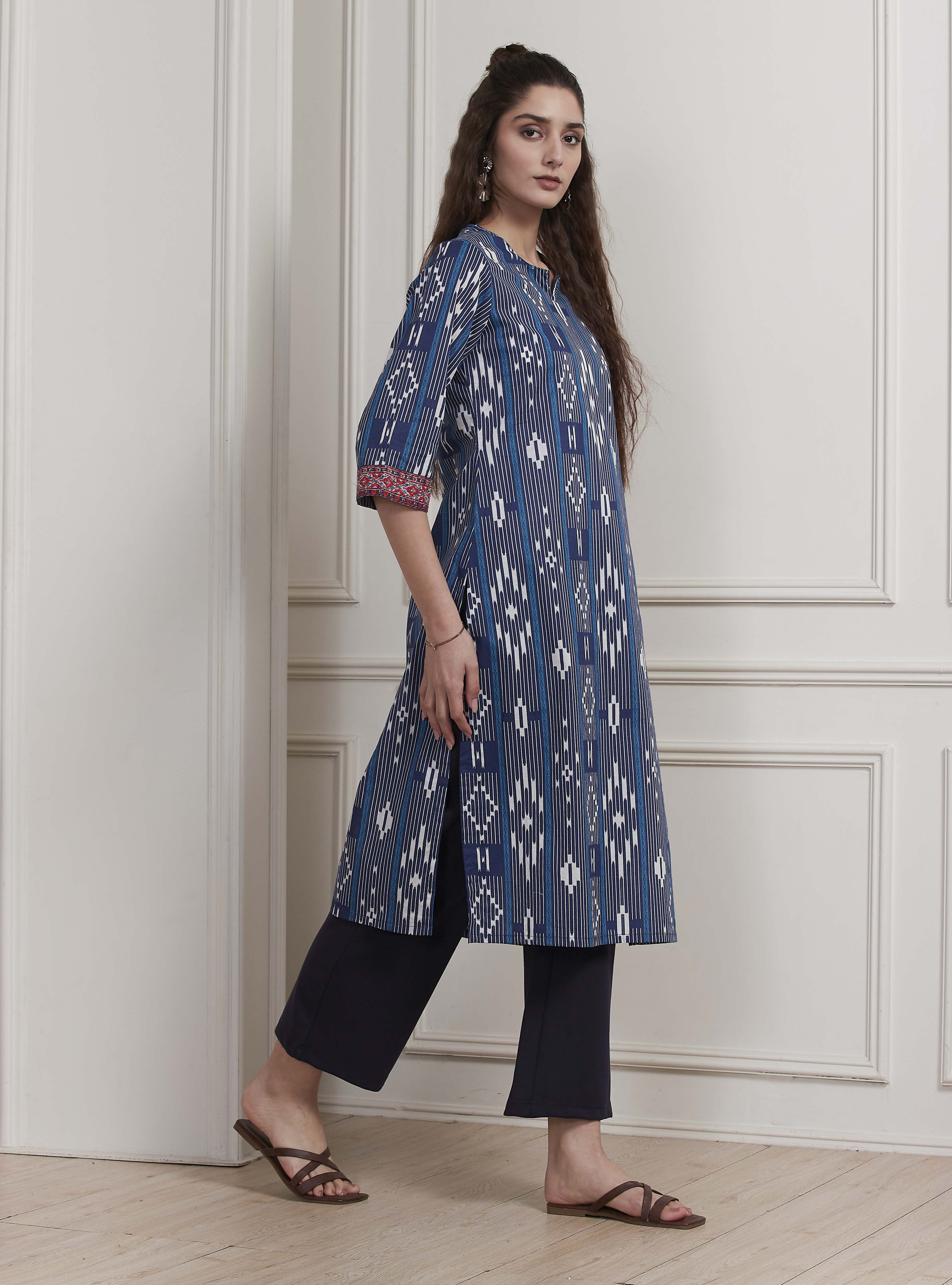 Green Cotton Printed Straight Kurta image number 4