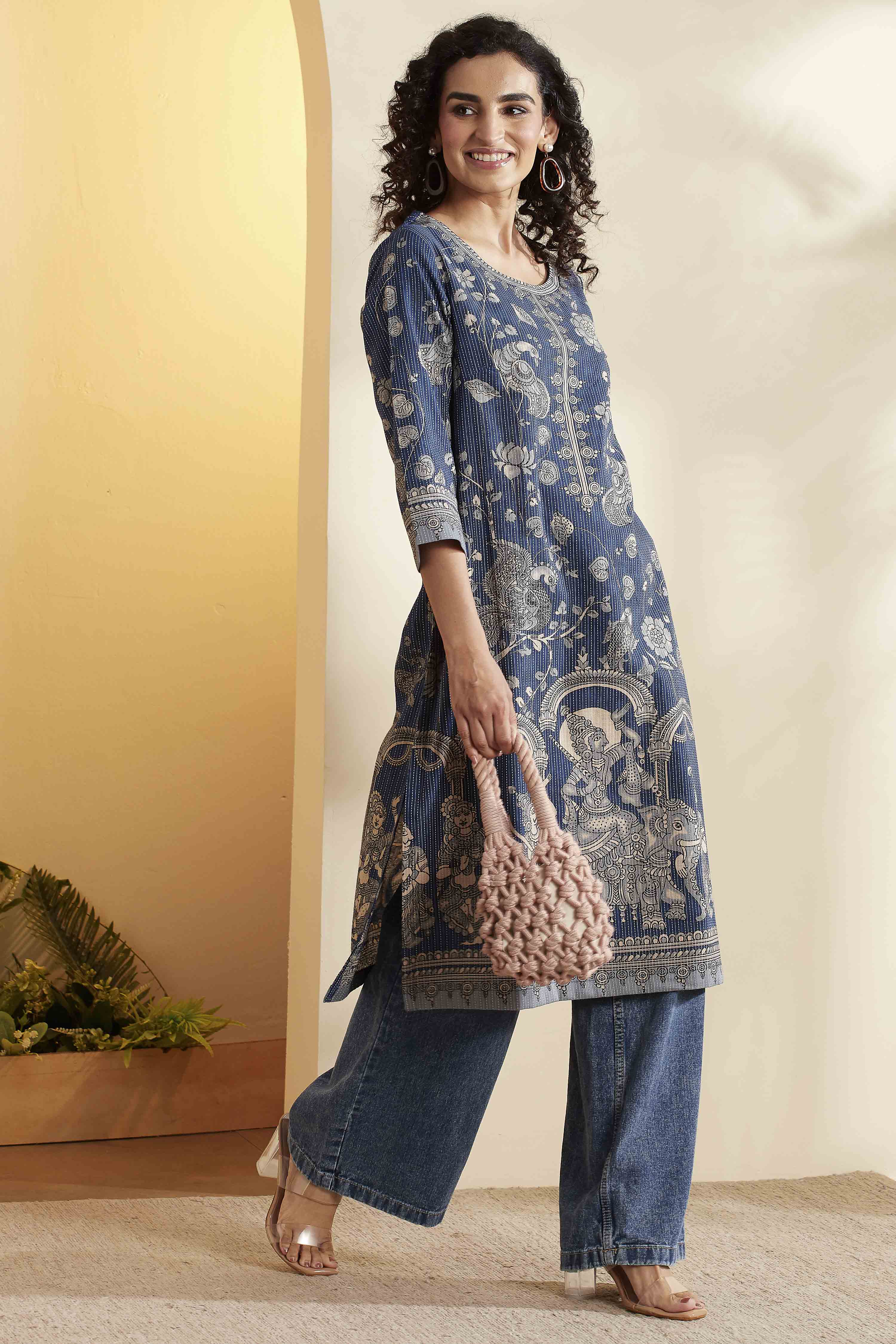 Navy Cotton Straight Kurta image number 5